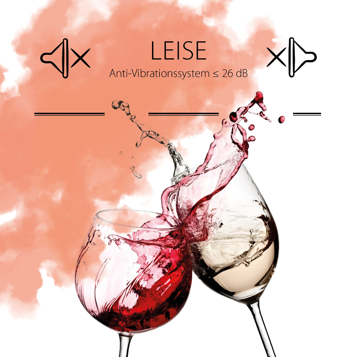 Dwie szklanki wina stukają się, czerwone i białe. Pomarańczowy dym w tle, tekst 'Leise'.