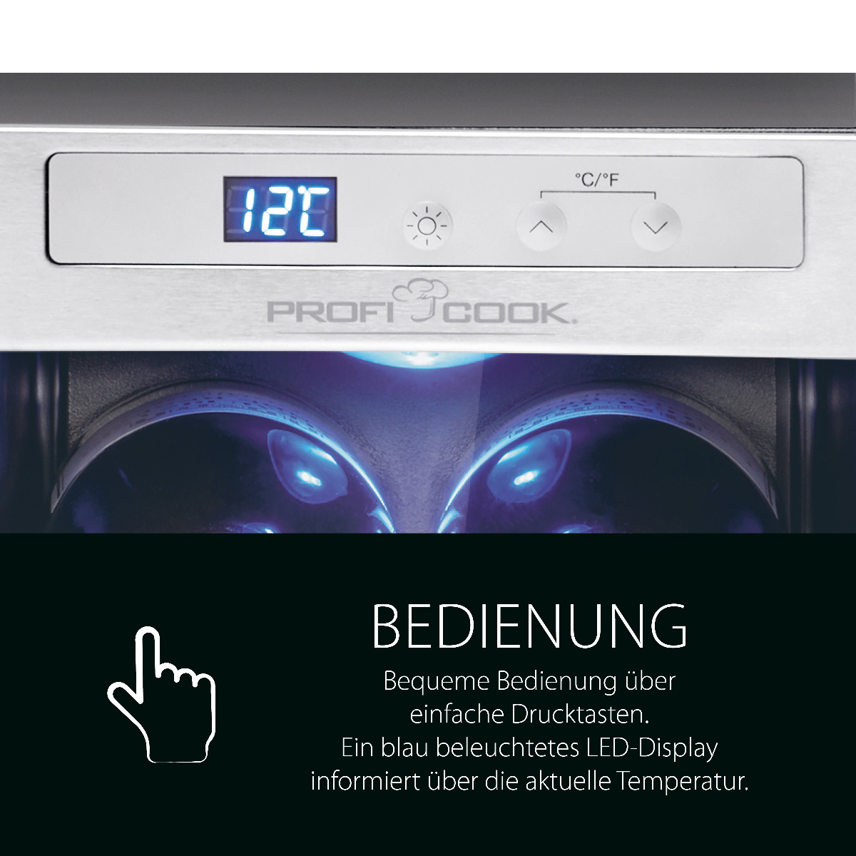 Zbliżenie panelu sterowania. Niebieski wyświetlacz pokazuje 12 stopni. Tekst po niemiecku.