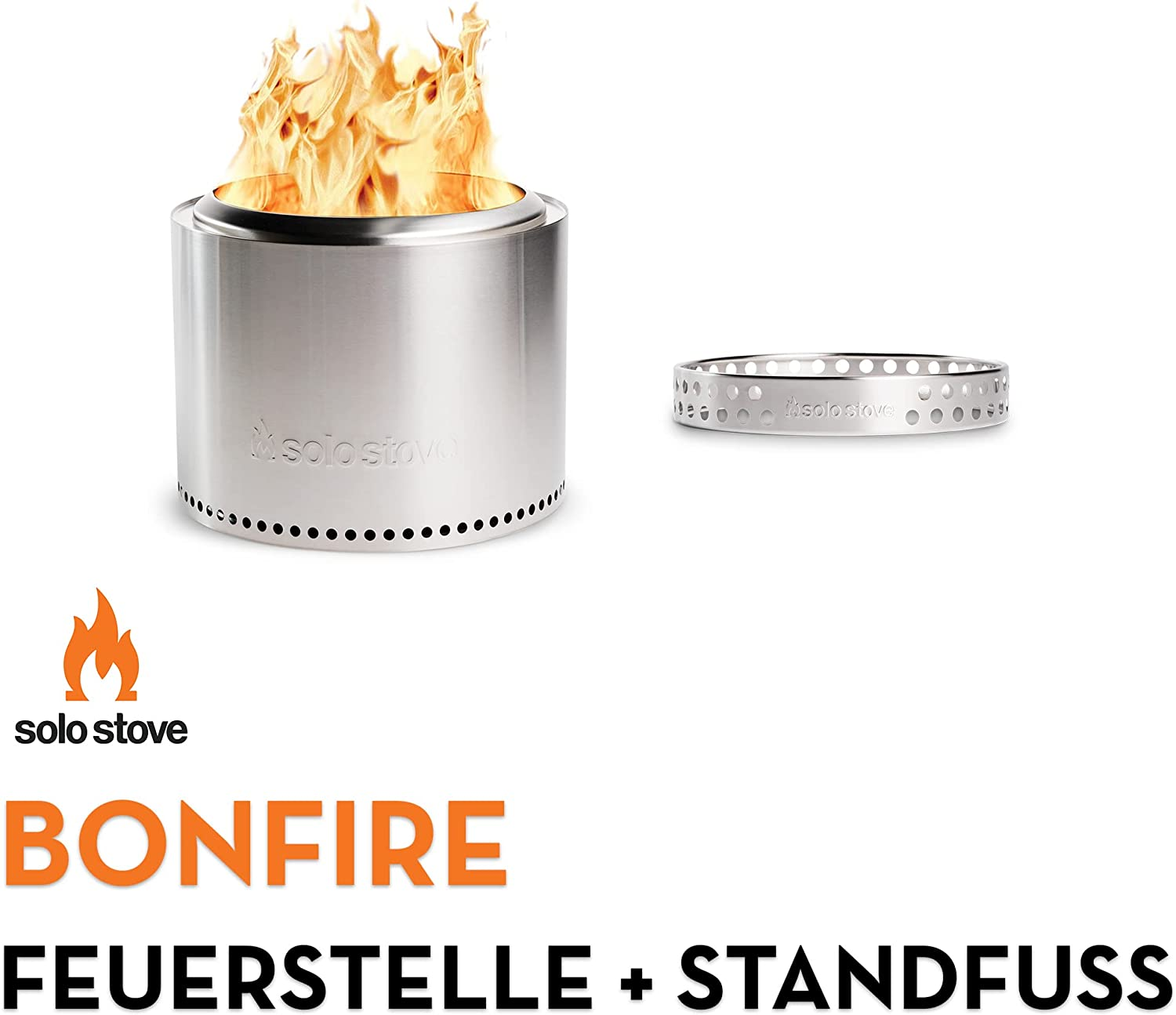 Silberne Feuerstelle und Ständer mit Flammen, Text 'BONFIRE' und 'FEUERSTELLE + STANDFUSS'.