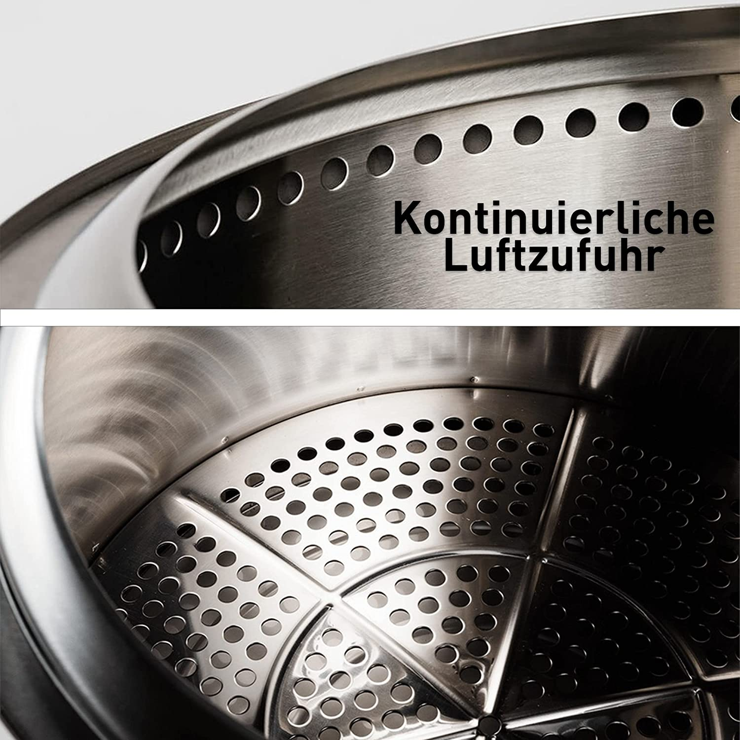 Nahaufnahme einer Metall-Feuerstelle mit Text oben und innen.
