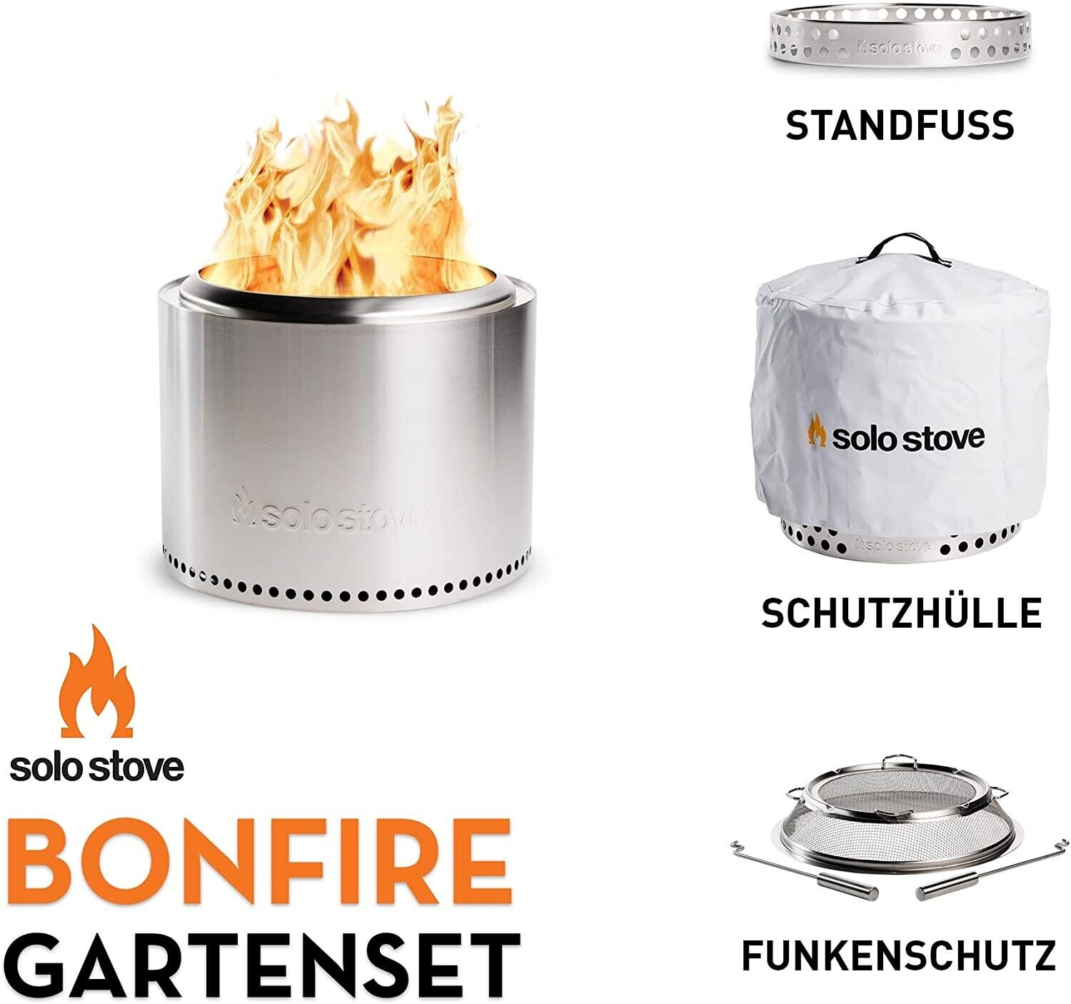 Ein Solo Stove Bonfire Feuerschalen-Set mit Zubehör: Ständer, Abdeckung und Funkenschutz.