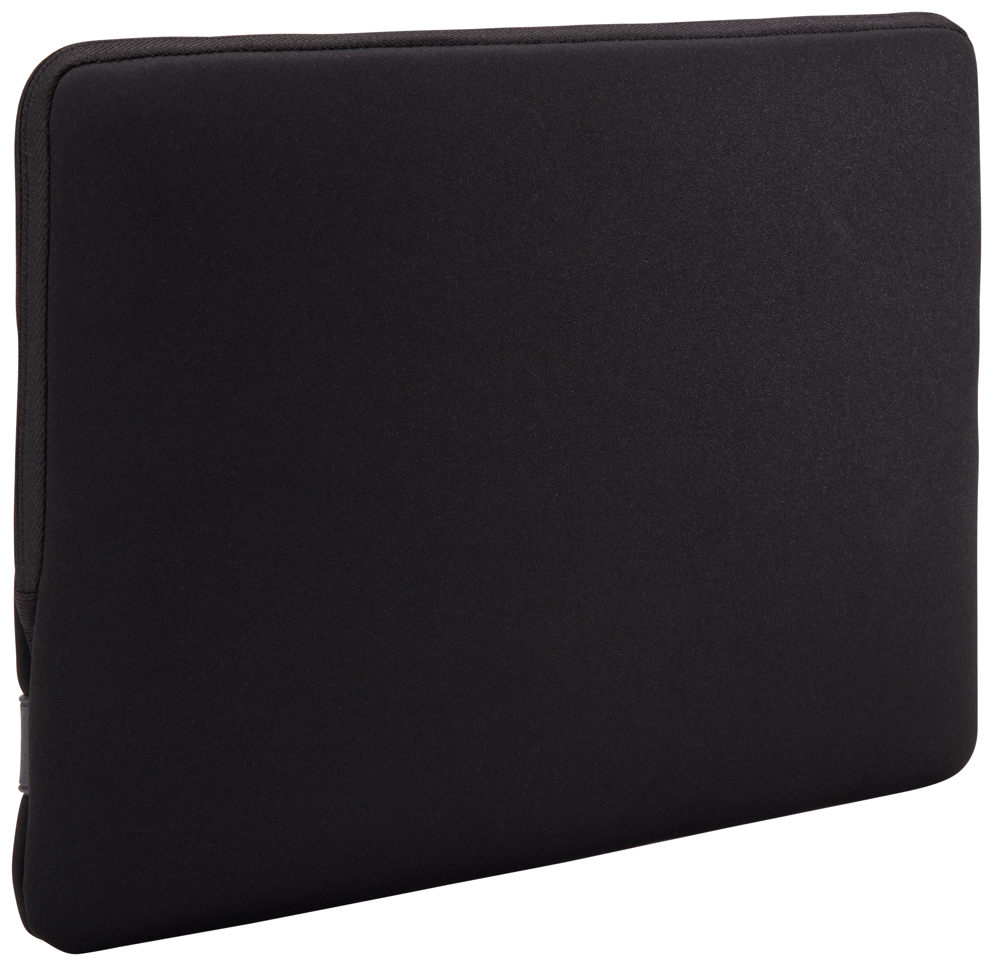 Schwarze Laptop-Hülle. Rechteckige Form, glatte Oberfläche, mit abgesteppten Kanten.