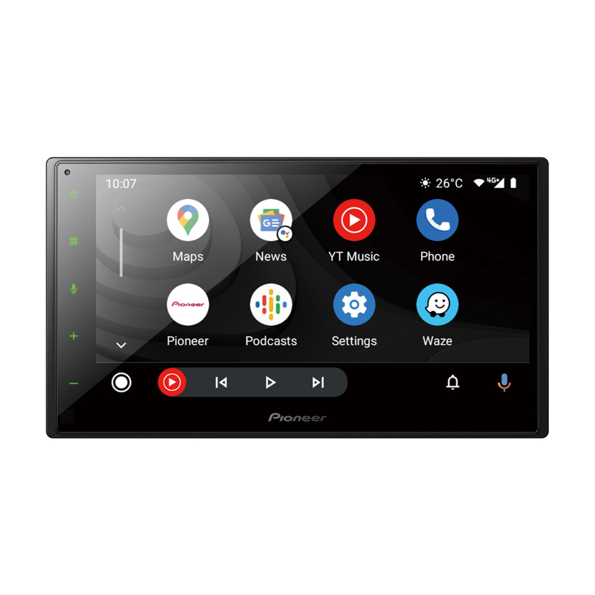 Pantalla de estéreo de coche que muestra iconos de mapas, noticias, música, teléfono, configuración y Waze.