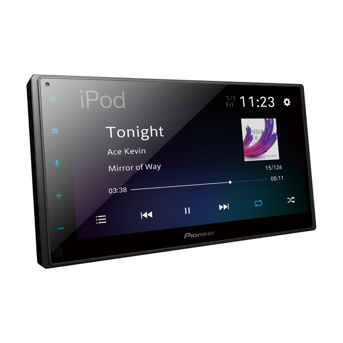 Estéreo de coche negro con pantalla que muestra información musical e interfaz táctil.