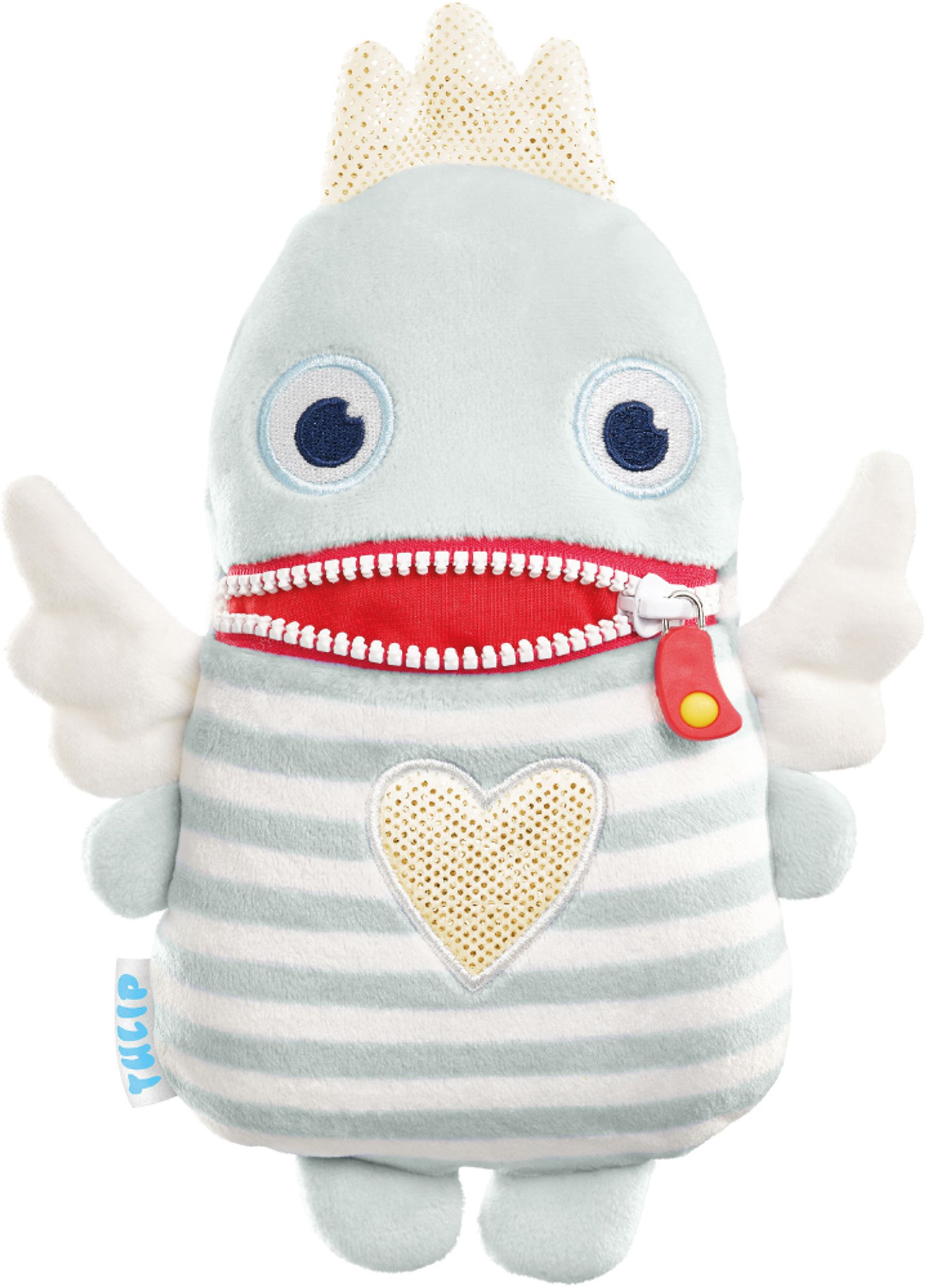 Pluszowa zabawka potwora ze skrzydłami i zamkiem błyskawicznym.