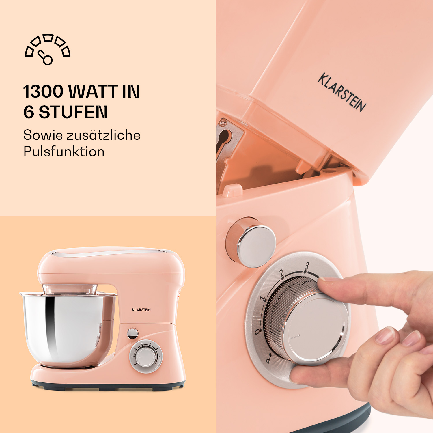 Frullatore da cucina rosa con una mano che gira la manopola di controllo. Testo: 1300 W in 6 fasi.