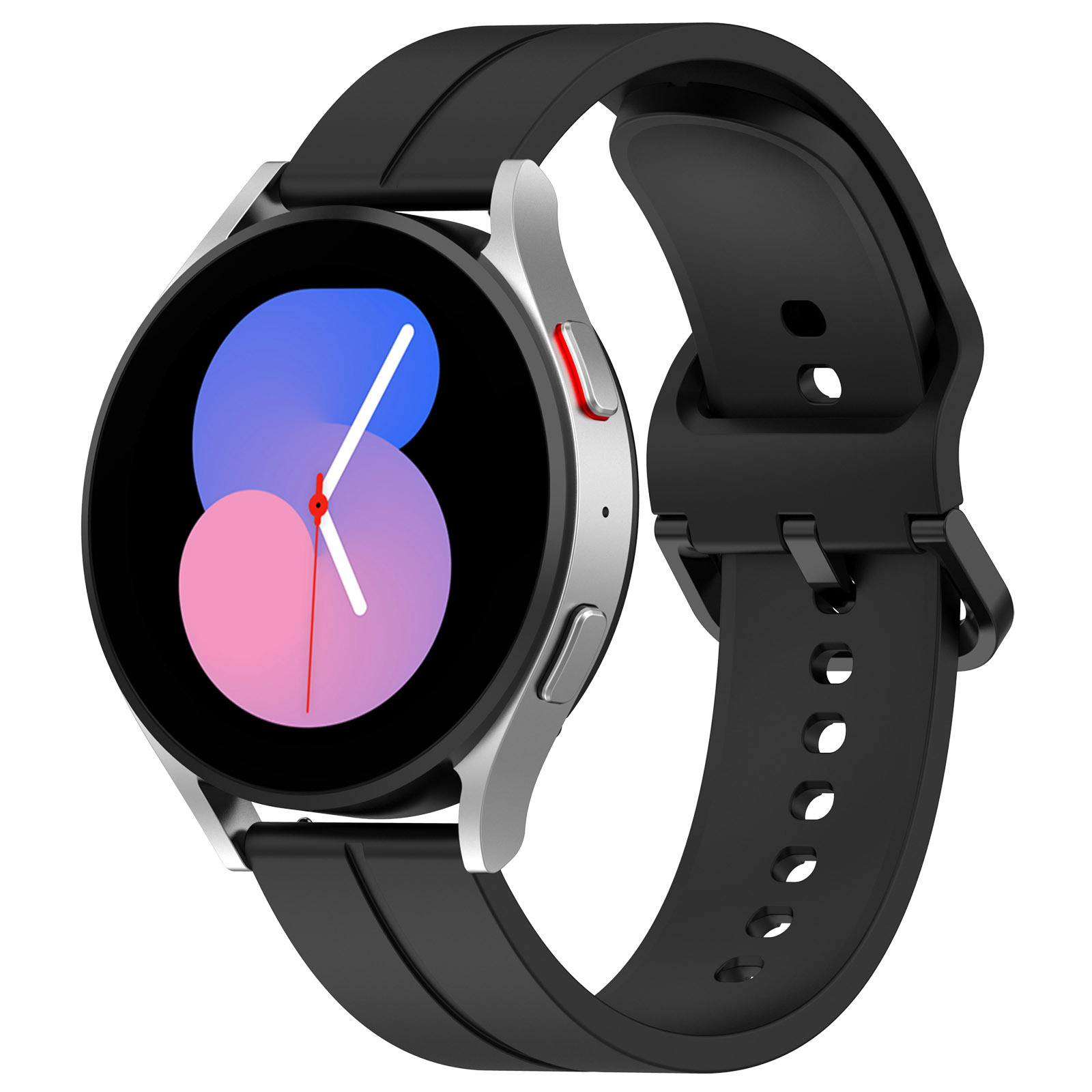 Eine schwarze Samsung Galaxy Watch mit schwarzem Armband, weißer Hintergrund.