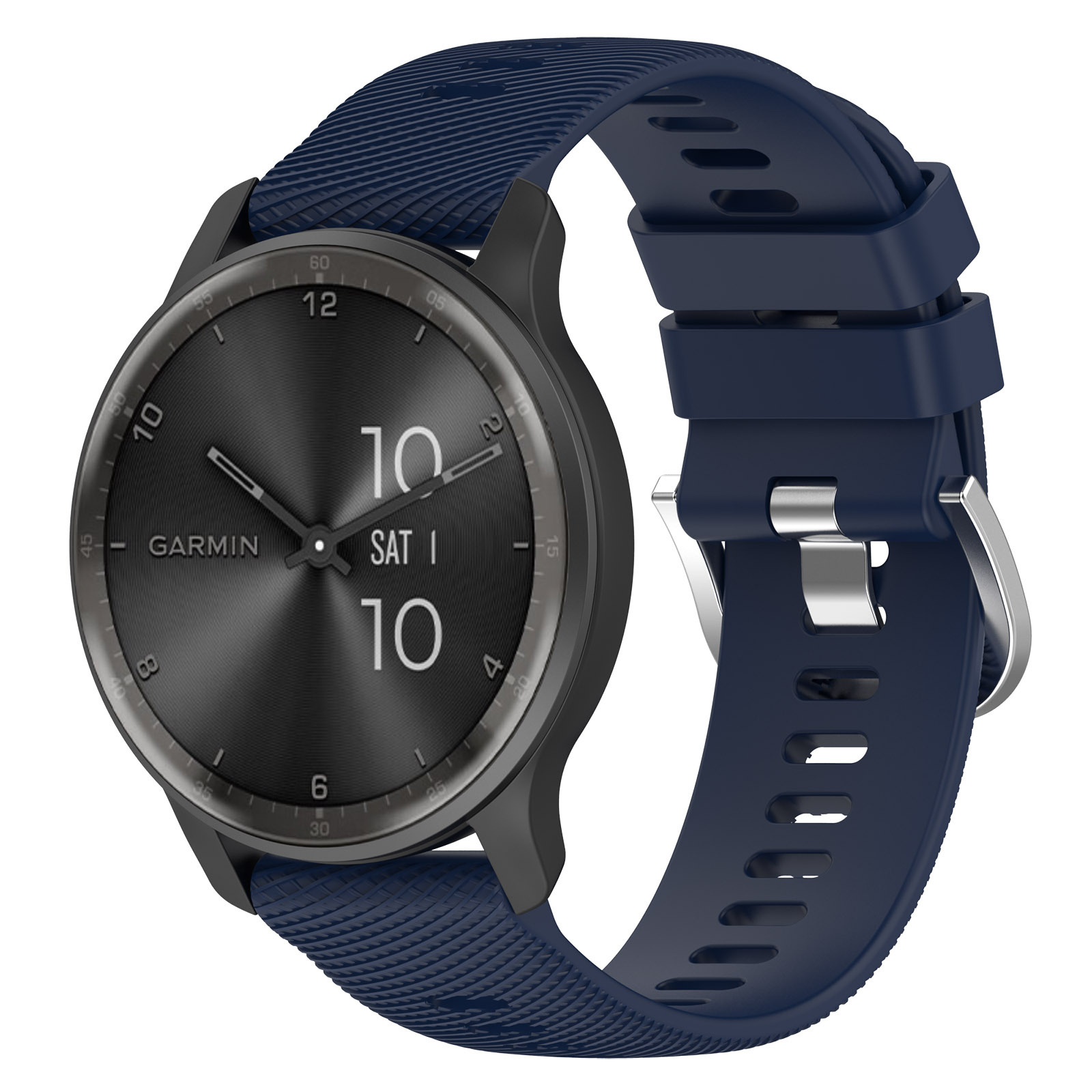 Garmin Smartwatch mit dunkelgrauem Zifferblatt, zeigt Datum und Uhrzeit, befestigt an einem blauen Silikon-Armband.