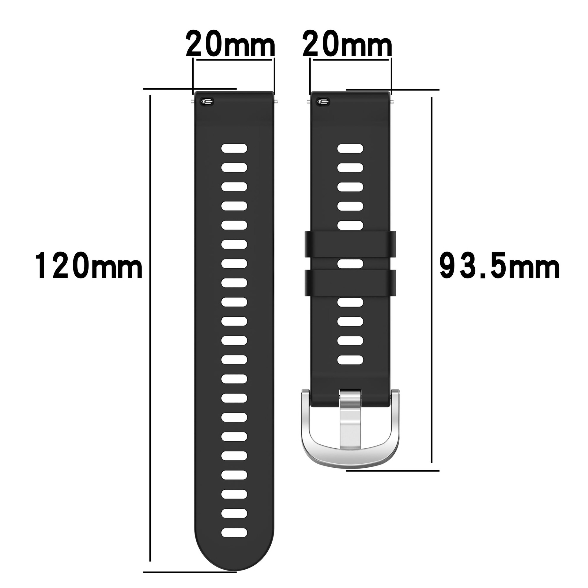 Schwarzes Smartwatch-Armband, mit Längen- und Breitenangaben zur Messung.