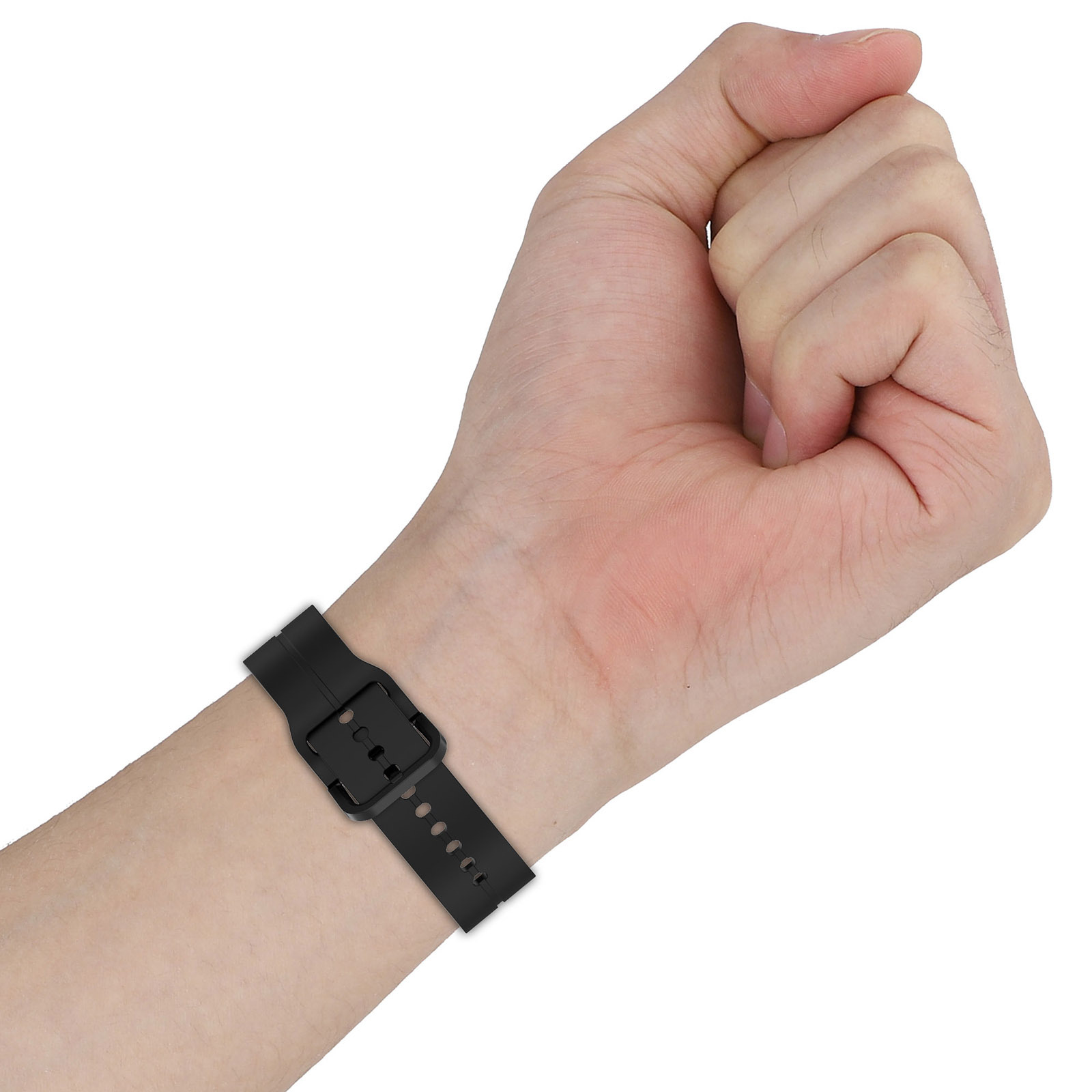 Eine Hand, die eine schwarze Uhr mit schwarzem Armband und Schnalle trägt.