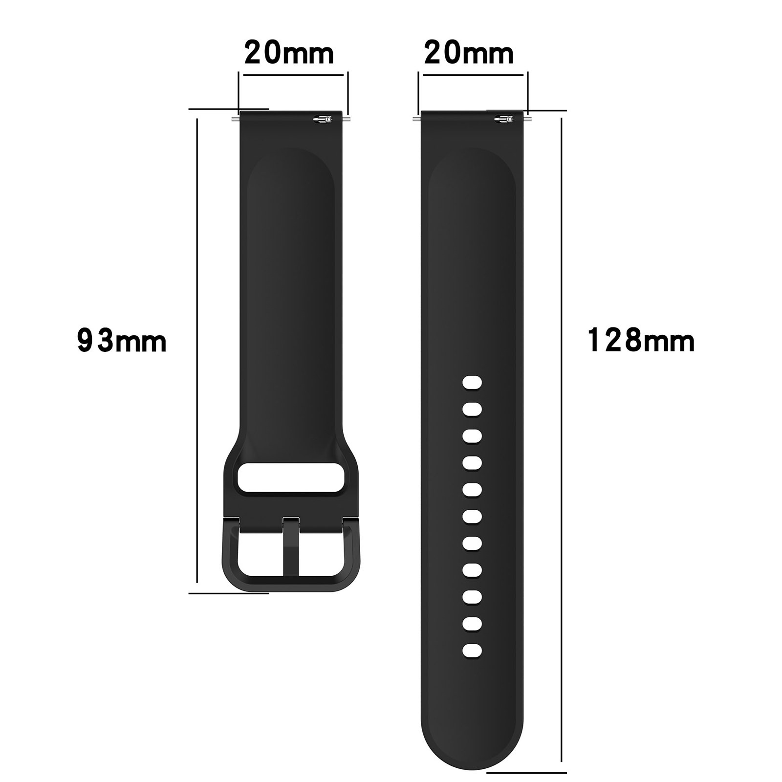 Schwarzes Smartwatch-Armband mit Millimeter-Maßen auf weißem Hintergrund.