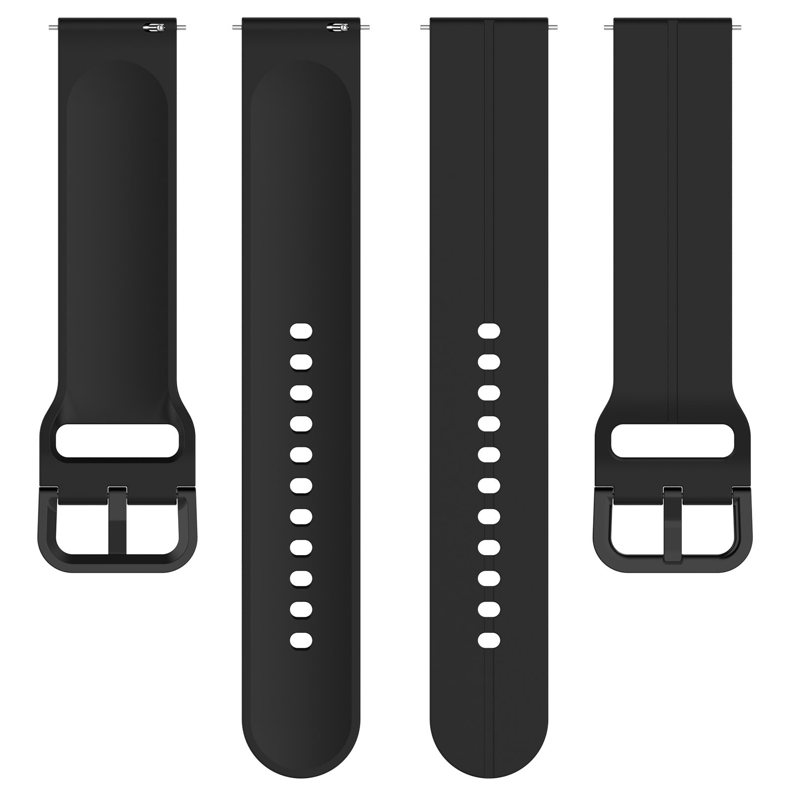 Vier schwarze Uhrenarmbänder mit Schnallen. Zwei haben Löcher, zwei nicht.