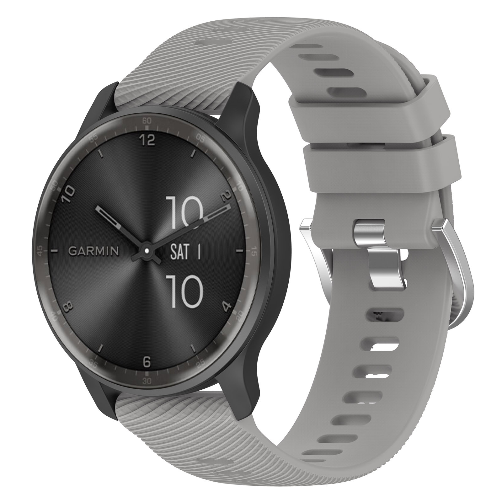 Garmin-Uhr mit grauem Armband und dunklem Zifferblatt, weißer Hintergrund.