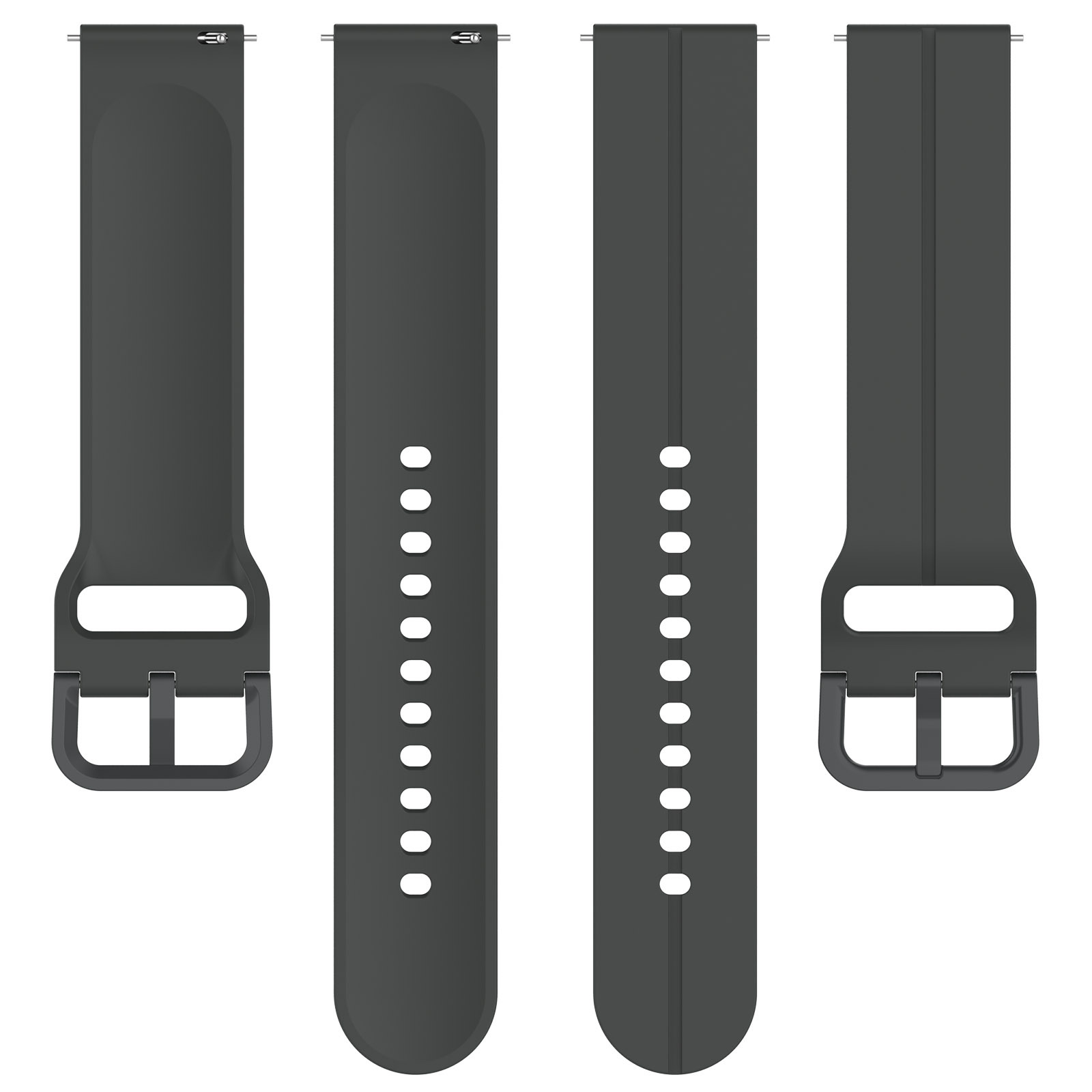 Zwei dunkelgraue Smartwatch-Armbänder, je zwei Teile, mit Schnallen- und Stiftverschlüssen.