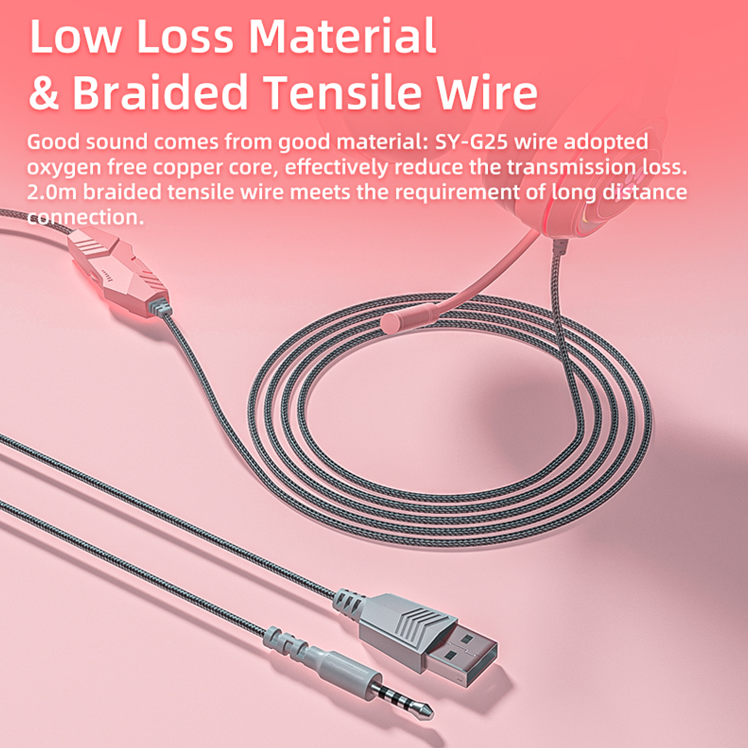 Nahaufnahme von Kopfhörerkabeln mit USB-Anschluss und 3,5-mm-Klinke. Text: Low Loss Material & Braided Tensile Wire.