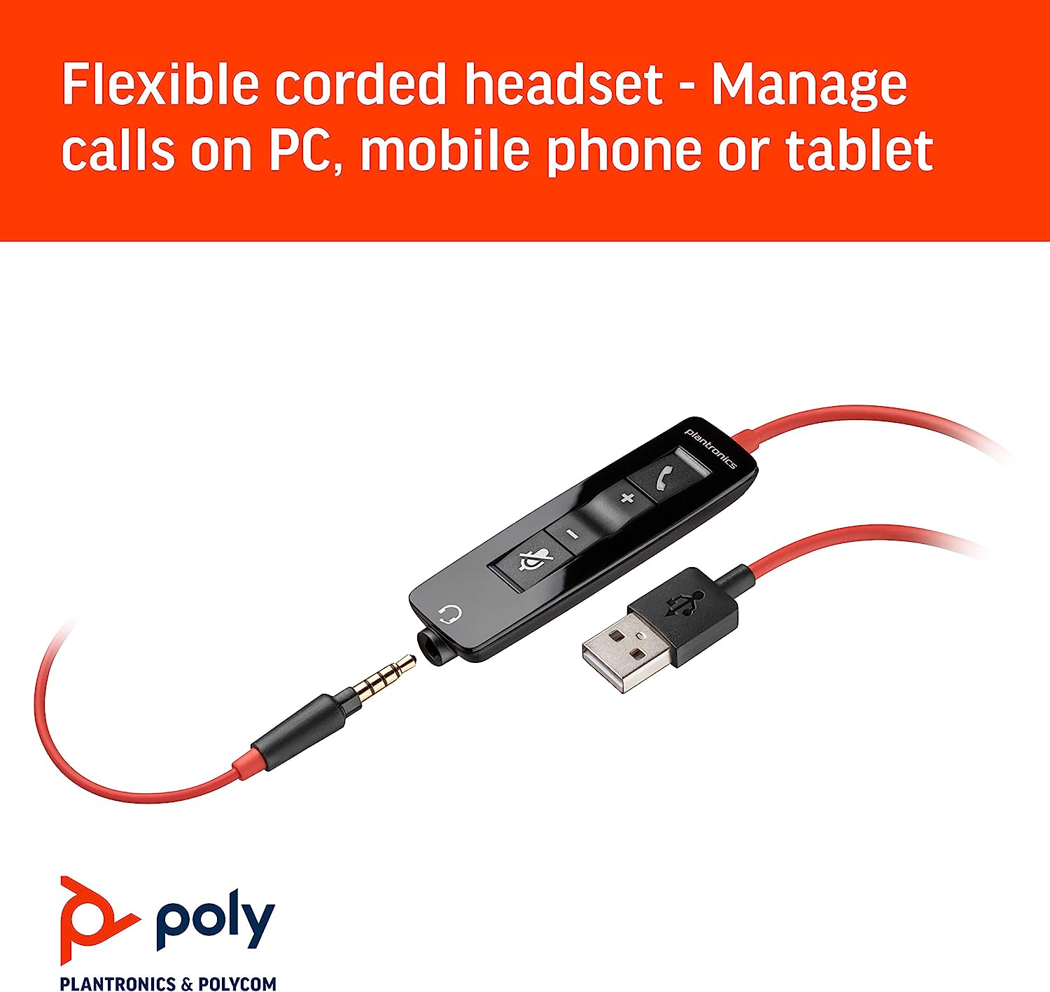 Un casque avec un panneau de contrôle noir et un cordon rouge, avec USB et prise jack.