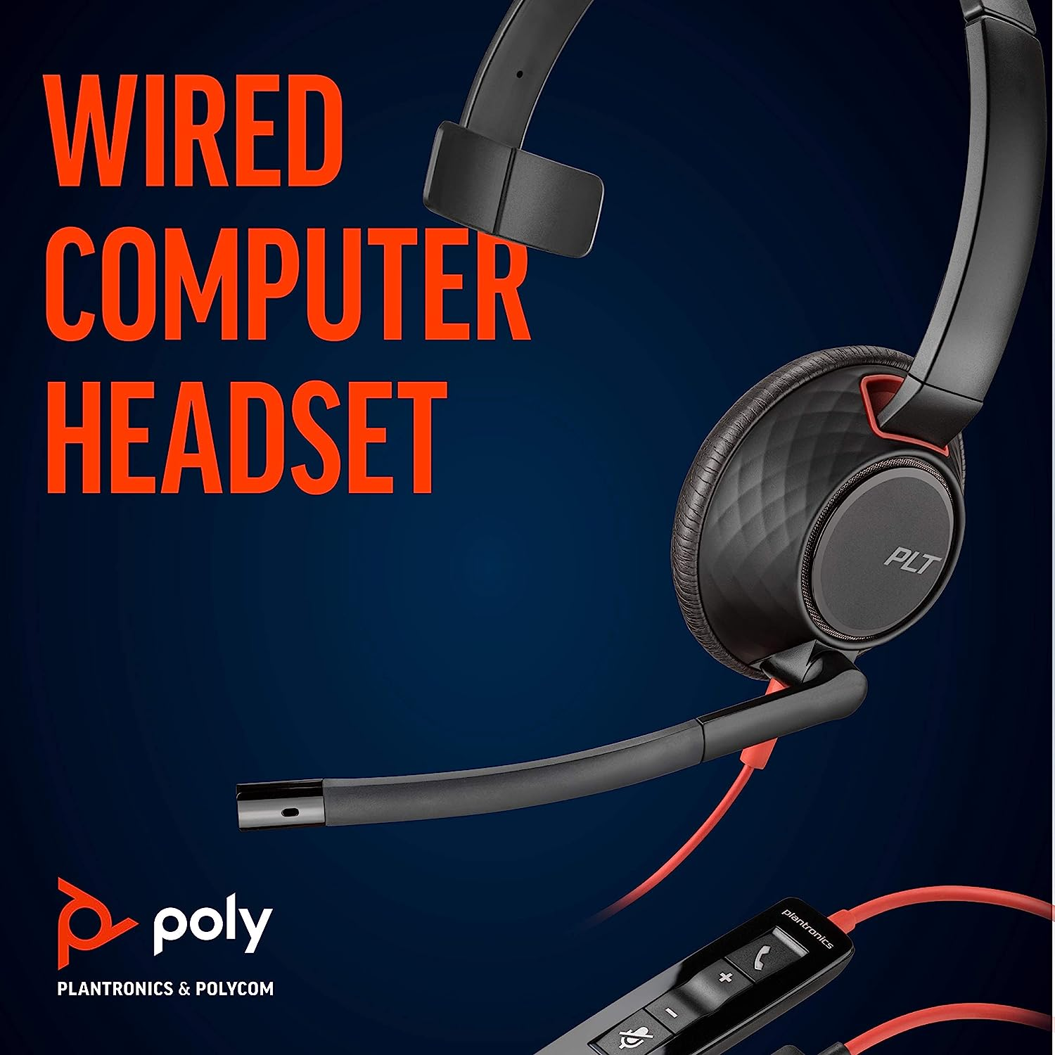 Casque d'ordinateur filaire noir et rouge avec microphone. La marque est Poly.