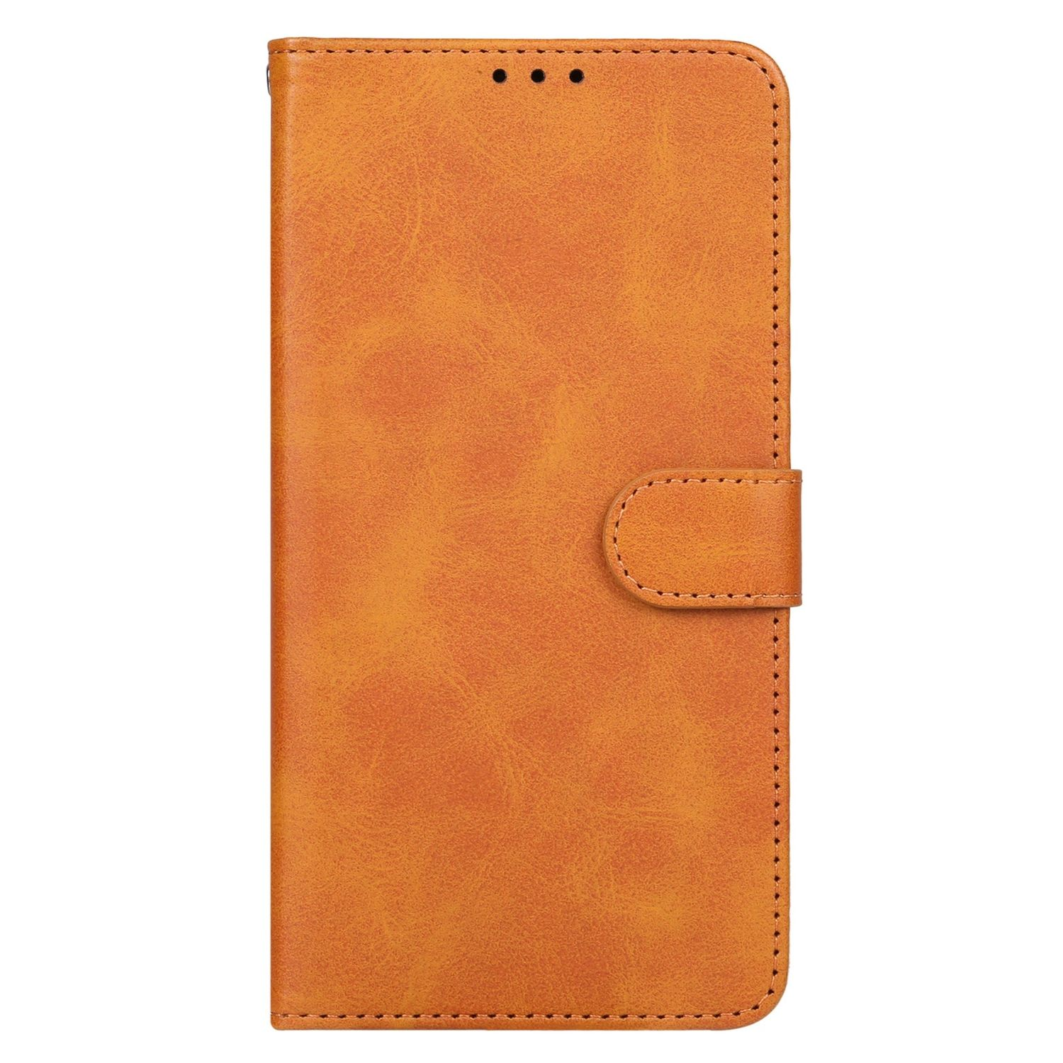 Orangefarbene Leder-Handyhülle, geschlossen. Hat einen Knopf und Nähte.