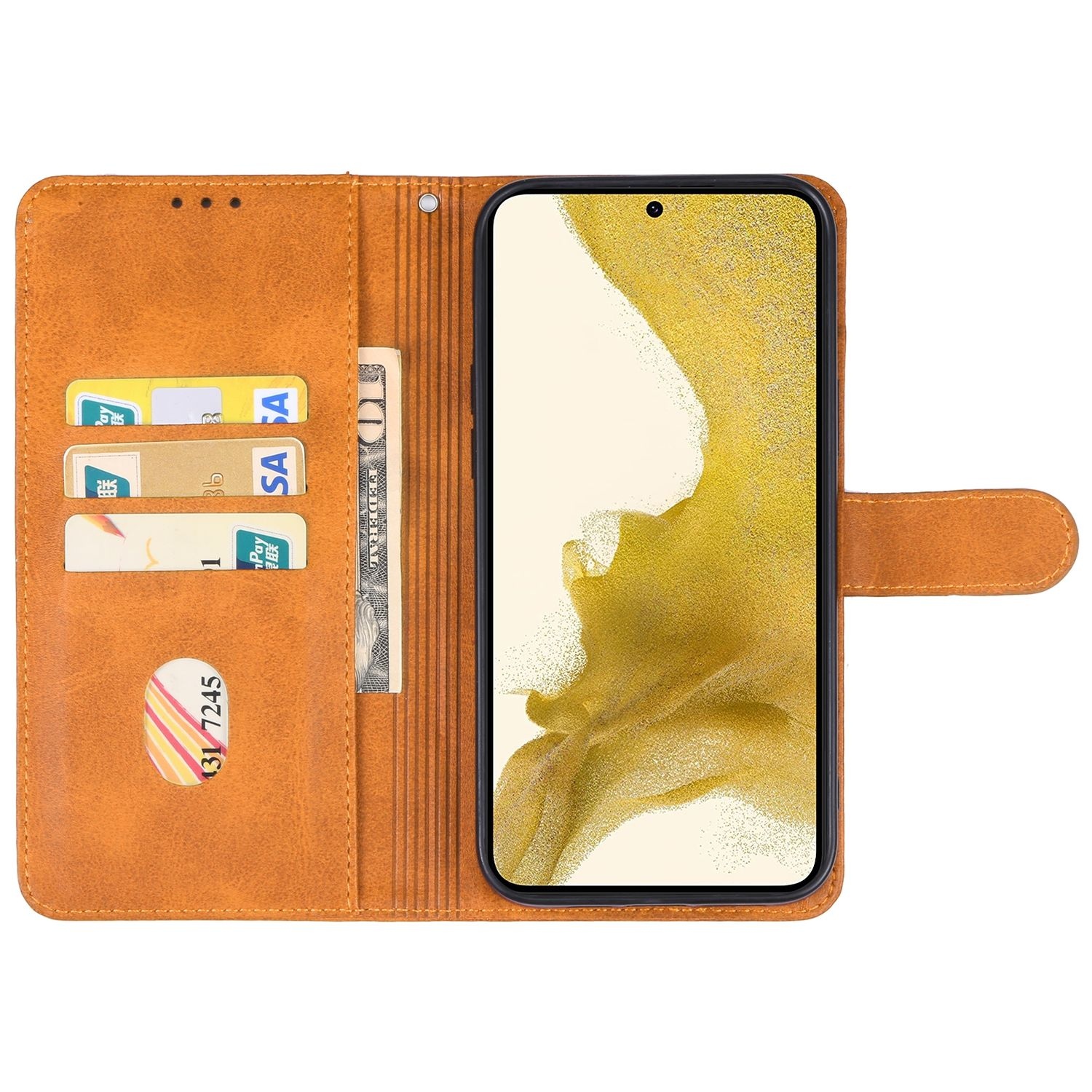 Offene braune Leder-Handyhülle mit Karten, Bargeld und einem Telefon darin.