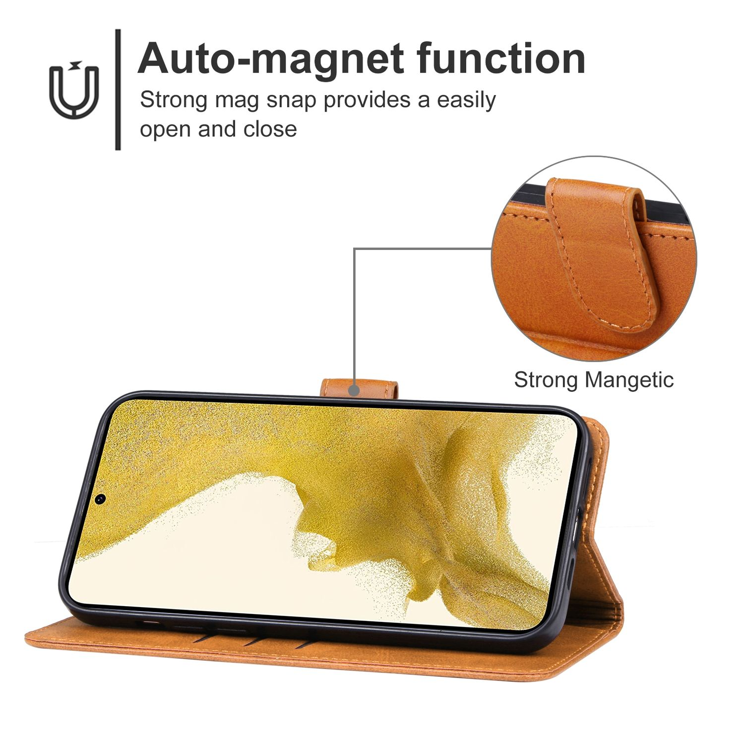 Braune Leder-Handyhülle mit Telefon. Nahaufnahme zeigt den Magnetverschluss.