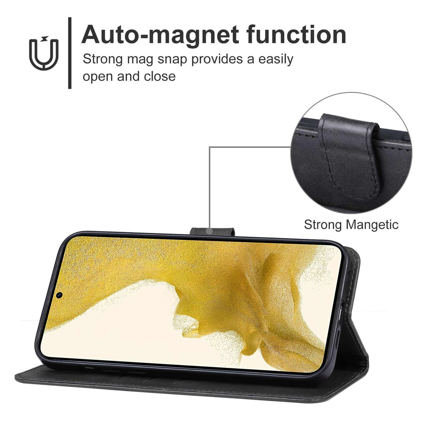 Schwarze Handyhülle geöffnet, zeigt Telefon mit goldenem Bildschirm und Magnetverschluss.