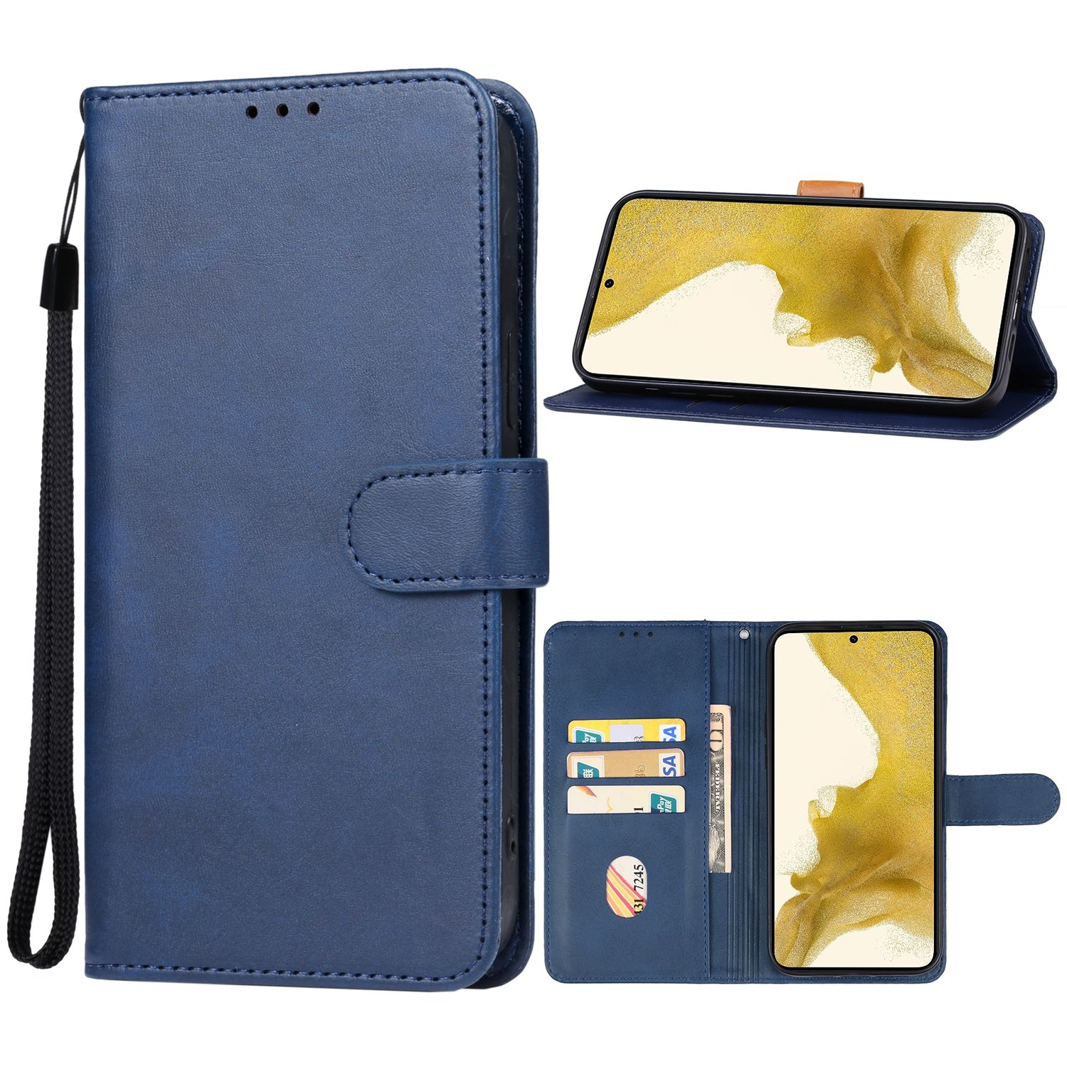 Blaue Handyhülle im Portemonnaie-Design, mit Karten und Telefon.