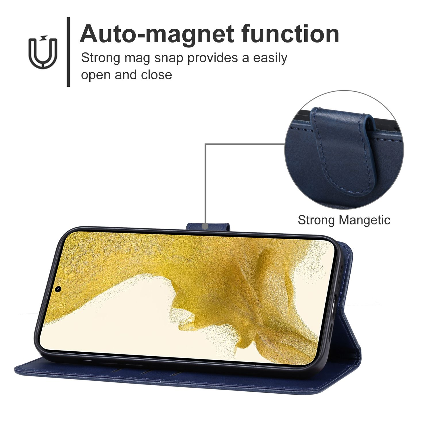Eine marineblaue Handyhülle mit einem Telefon darin. Die Hülle hat einen Magnetverschluss.