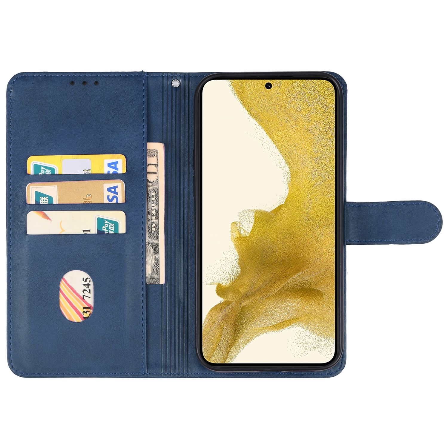 Blaue Handyhülle offen, mit Karten und Bargeld. Ein Smartphone innen, mit goldfarbenem Bildschirm.