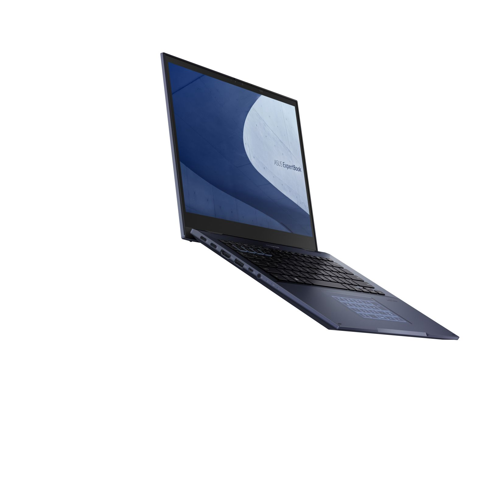 Laptop su sfondo bianco con custodia blu-grigia, display aperto.