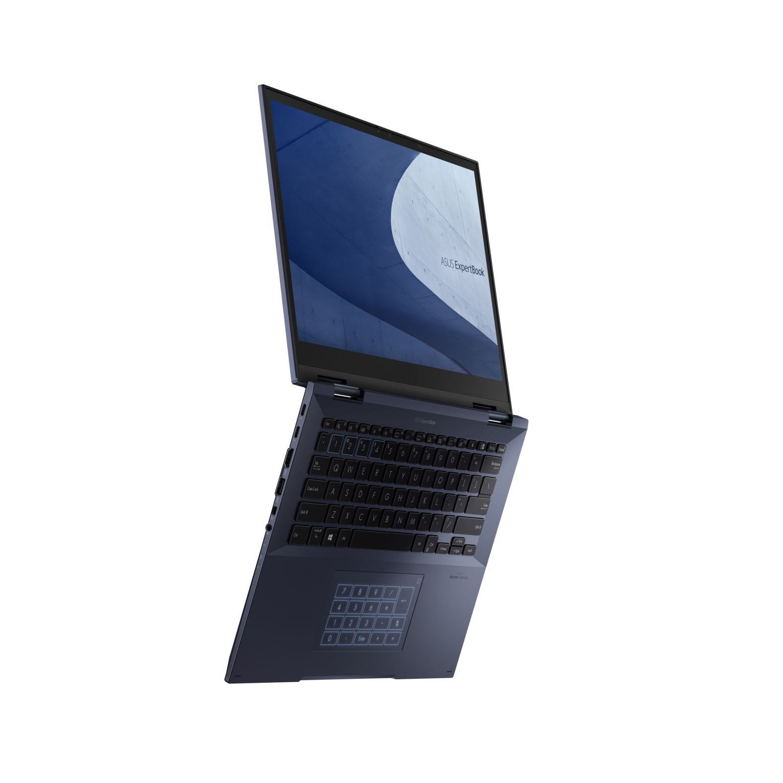 Un laptop blu è aperto, angolato, che mostra una tastiera e uno schermo.