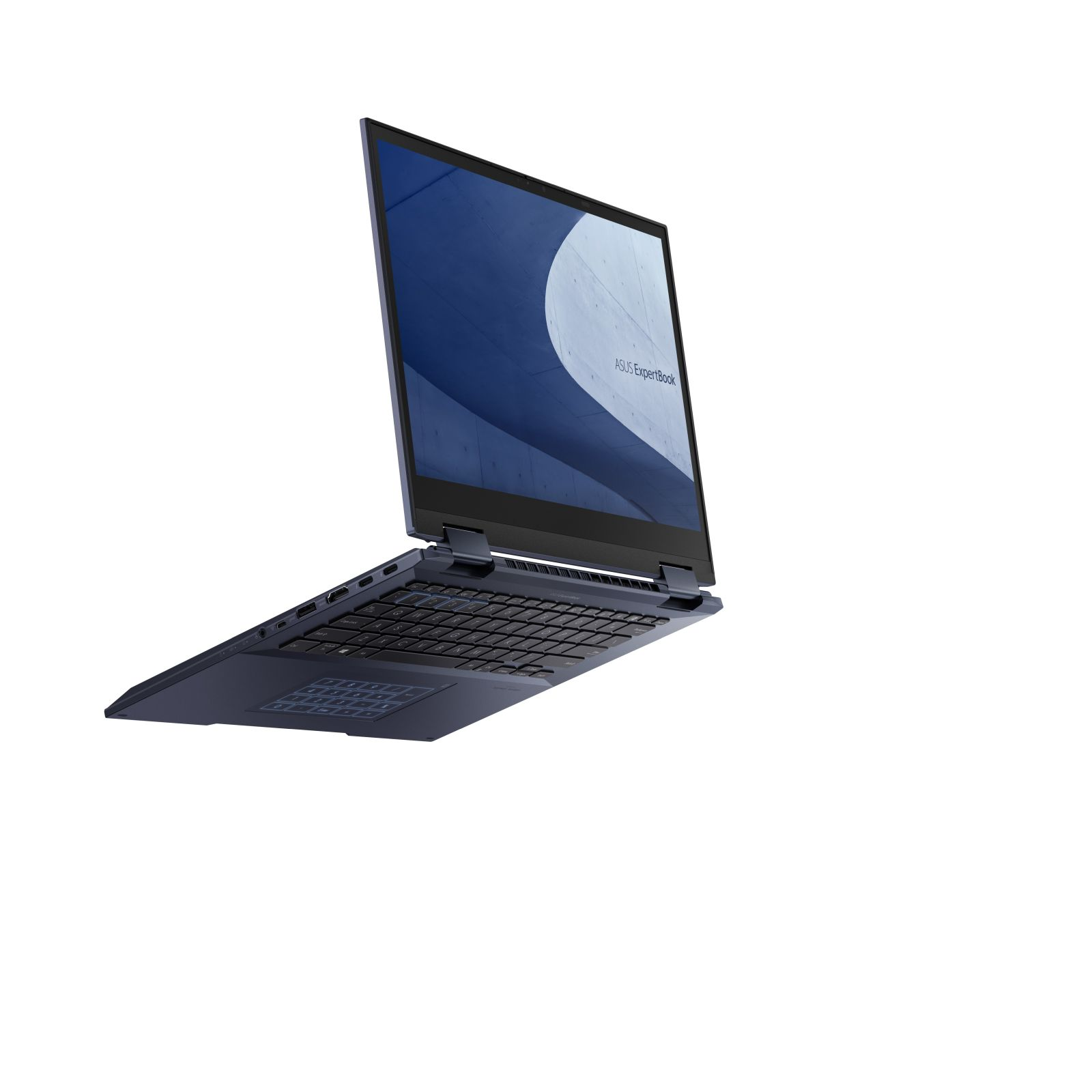 Laptop blu scuro, aperto ad angolo, su sfondo bianco. Lo schermo è nero.