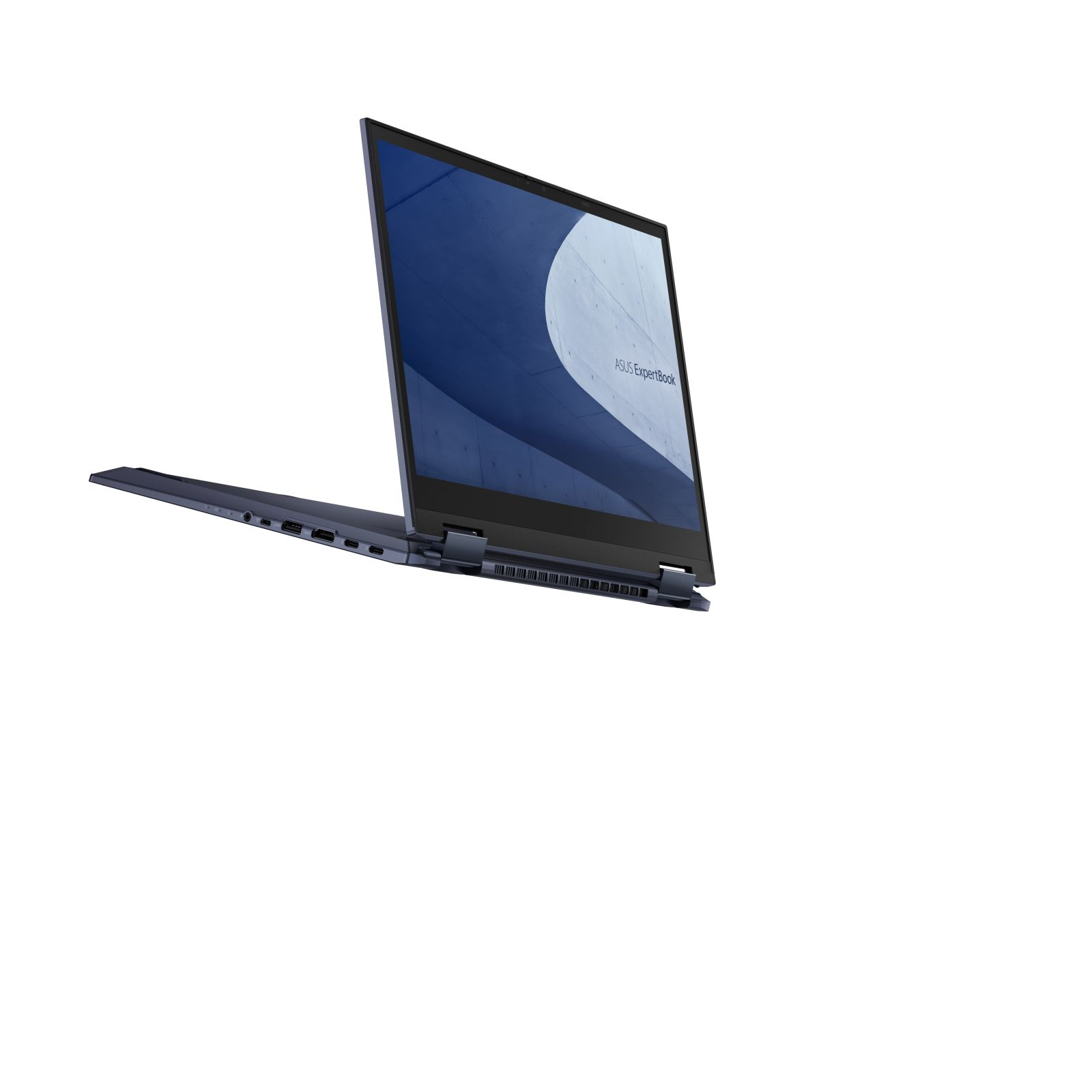 Laptop grigio scuro, aperto. Lo schermo mostra una grafica blu e bianca.