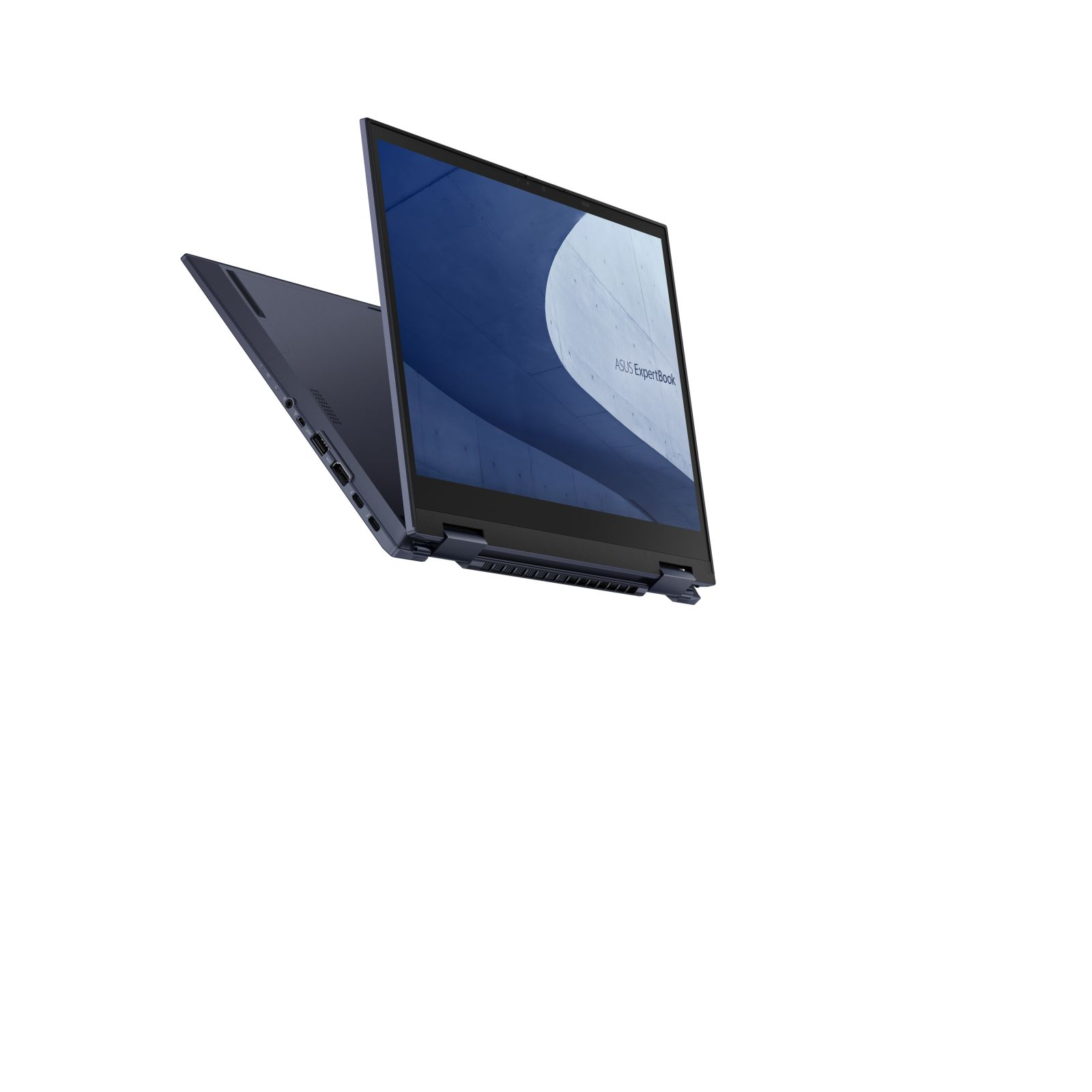 Laptop blu scuro, aperto, che mostra lo schermo, su sfondo bianco.