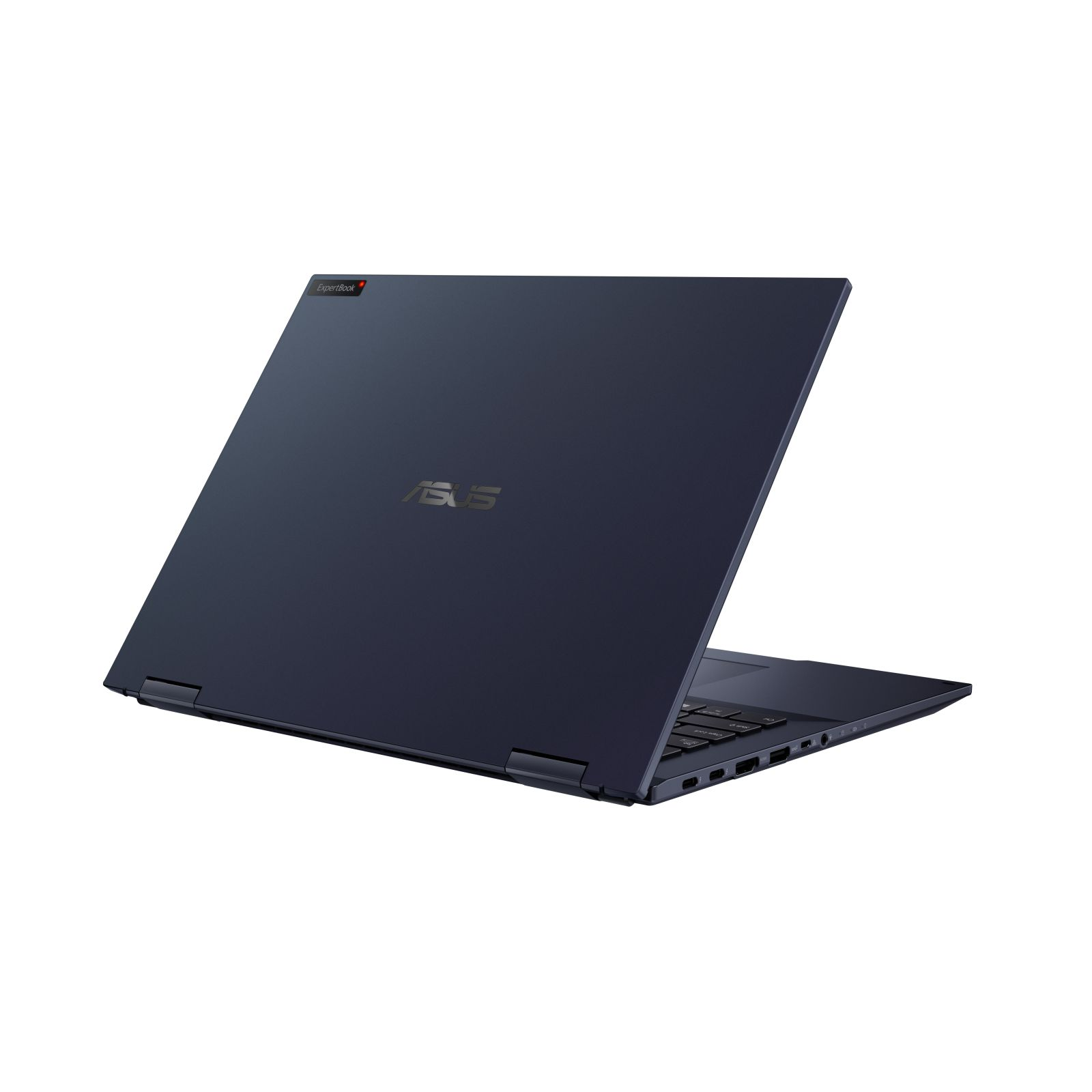 Laptop blu scuro aperto ad angolo, che mostra il retro con il logo ASUS su sfondo bianco.