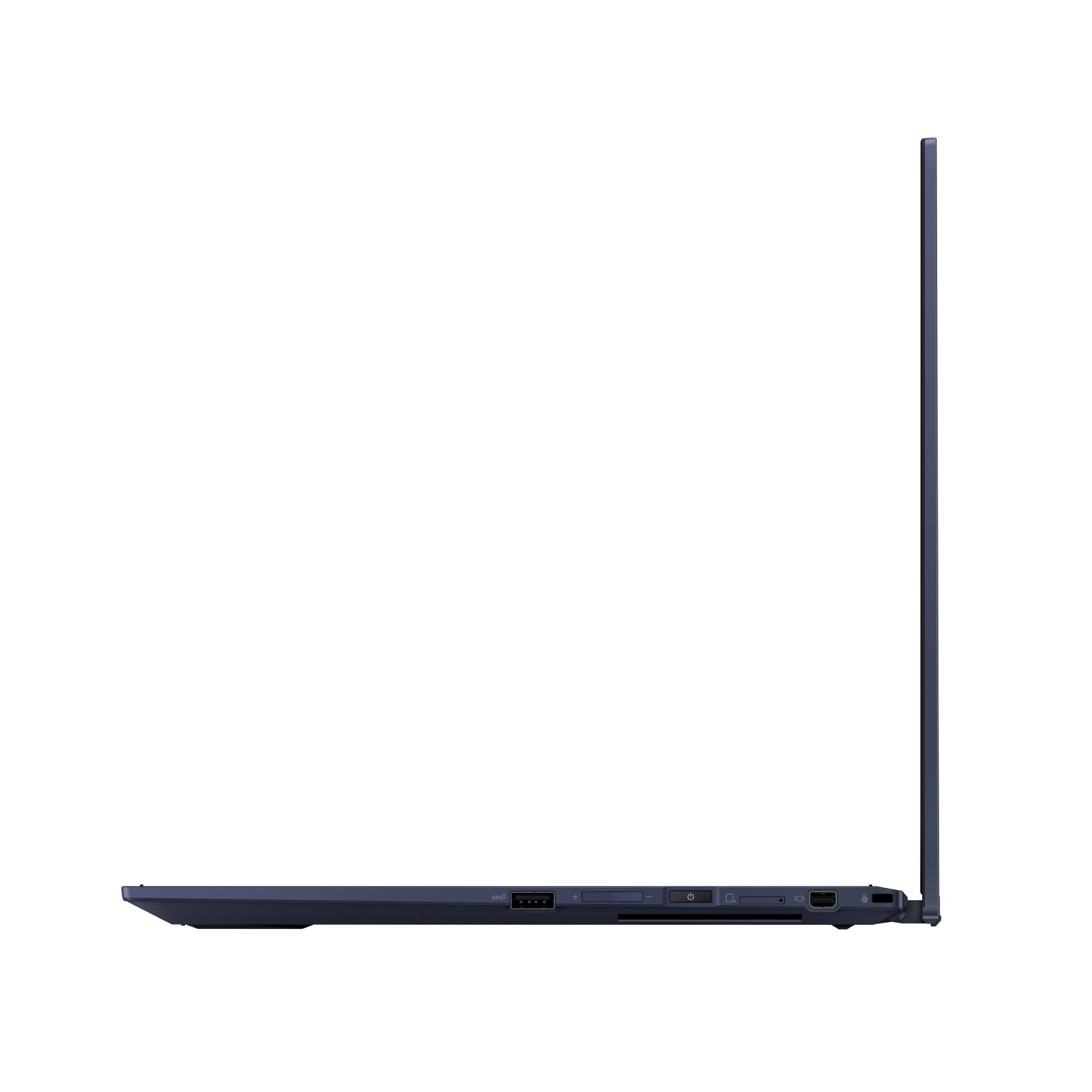 Vista laterale di un laptop blu scuro su sfondo bianco. Lo schermo è chiuso.