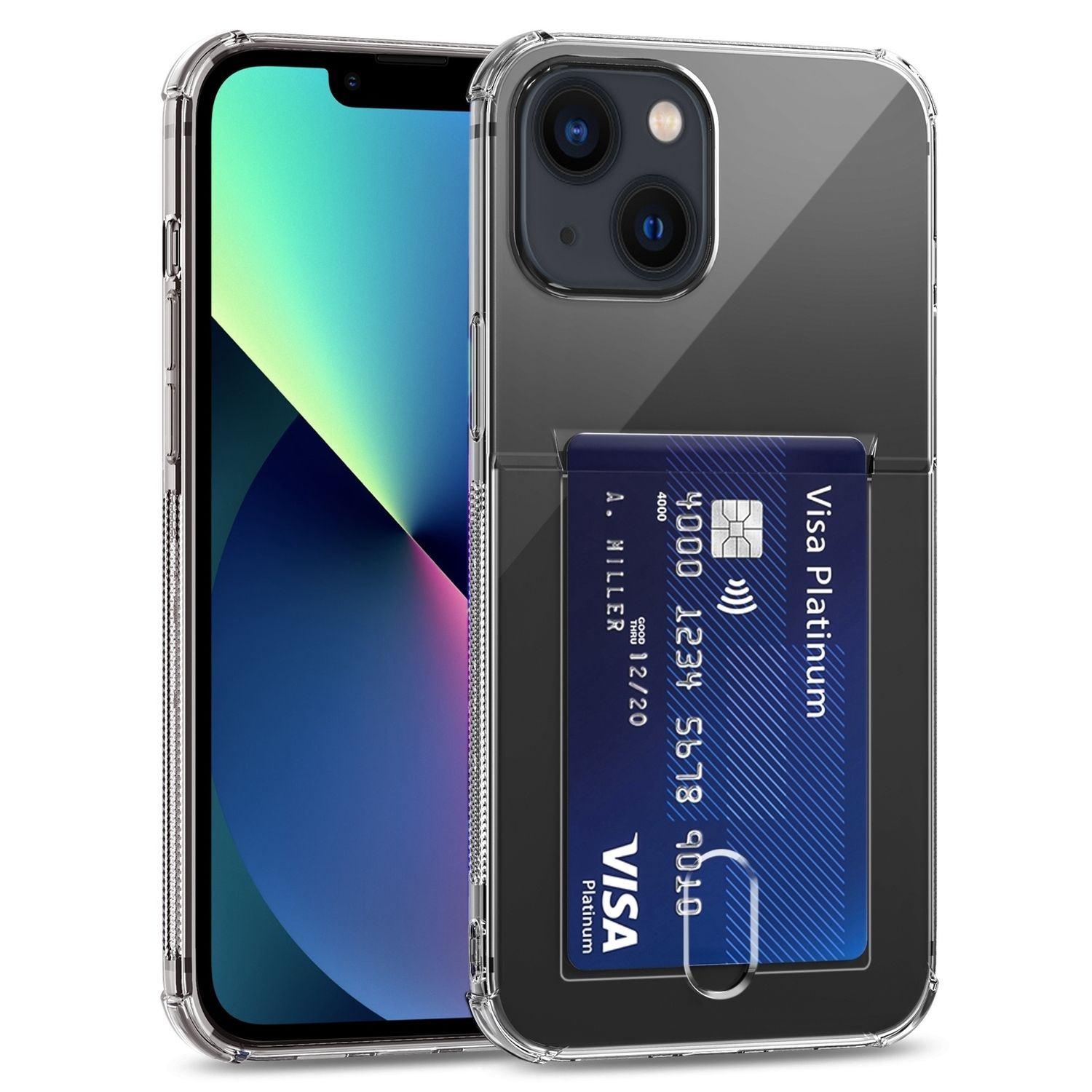 Transparente Handyhülle mit Kartenfach, in dem sich eine Kreditkarte befindet. Hülle und Telefon sind sichtbar.