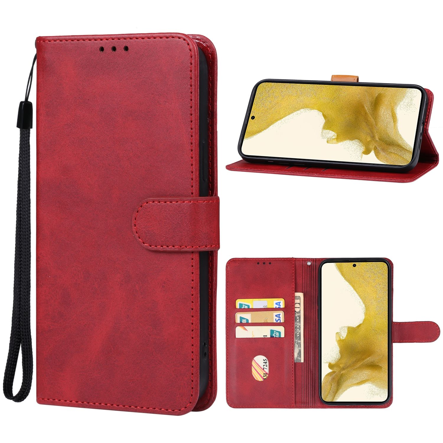 Eine rote Leder-Handyhülle mit Telefon und Handschlaufe, auf einem Holztisch.