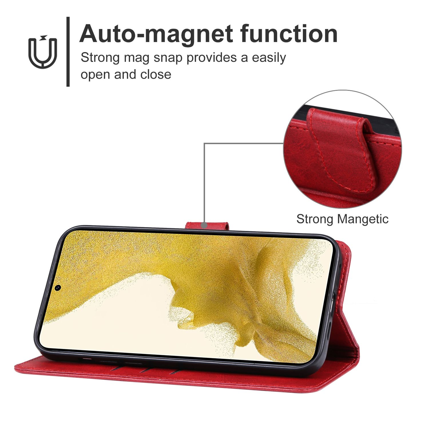 Eine rote Handyhülle mit Telefon darin. Die Hülle hat einen Magnetverschluss. Das Telefon zeigt einen gelben Bildschirm.