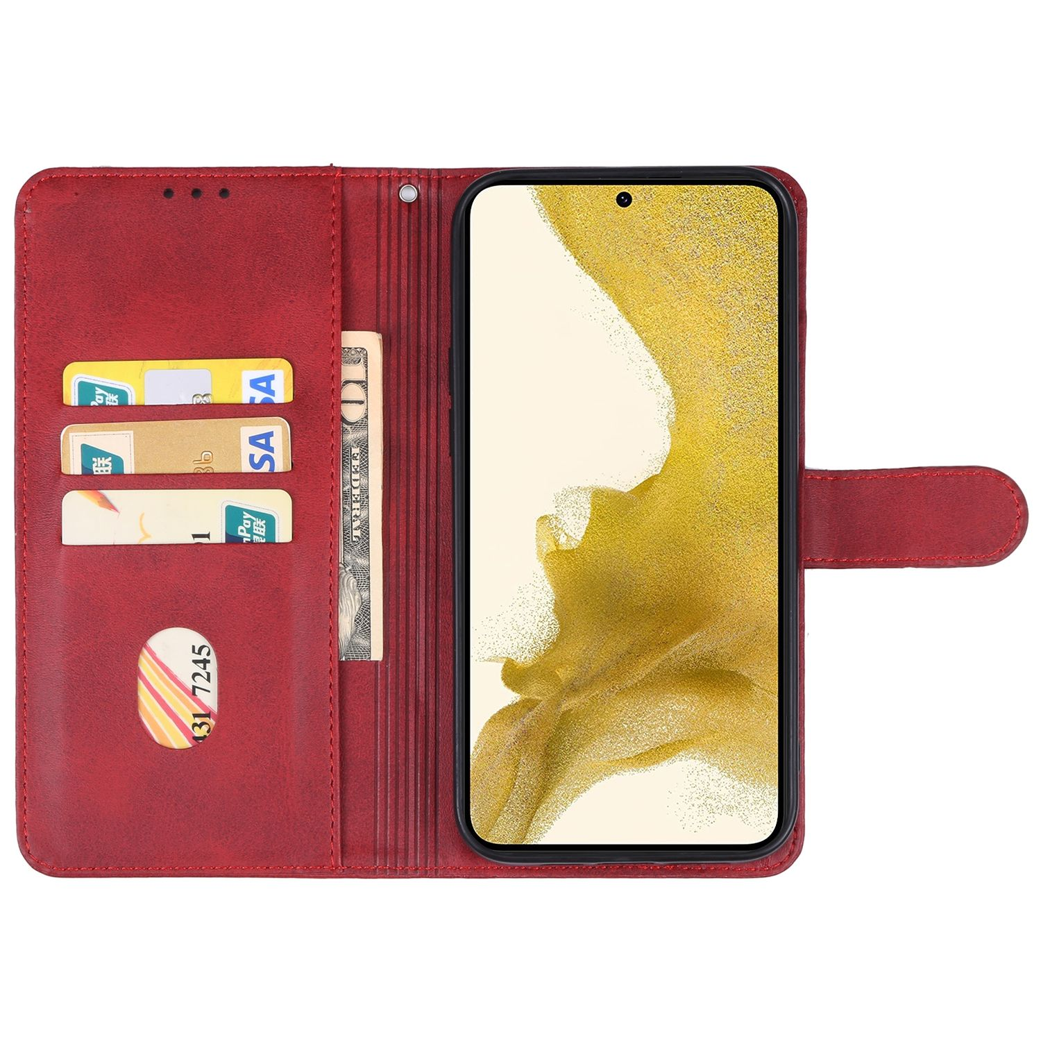 Eine rote Leder-Handyhülle mit Kreditkartenfächern, einem Geldscheinfach und einem Telefon im Inneren.