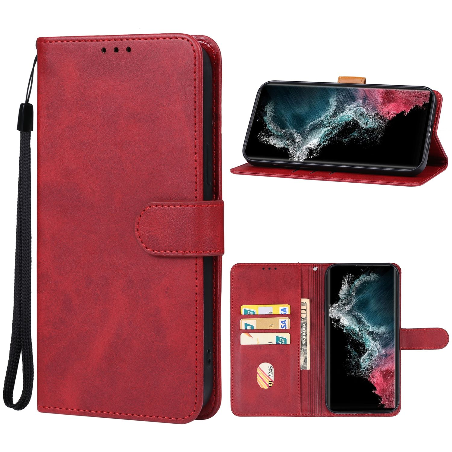 Rotes Telefonetui mit Telefon darin. Mehrere Ansichten des Etuis.