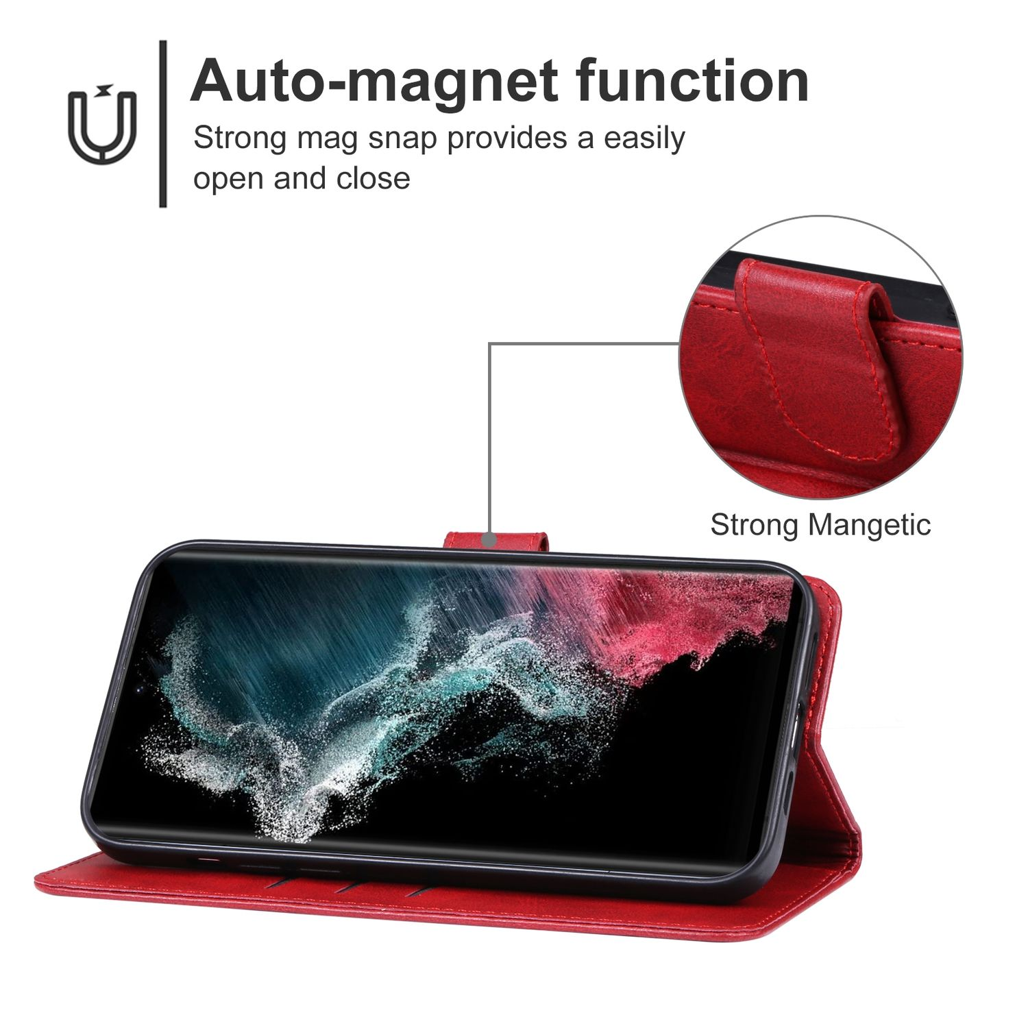 Rote Handyhülle mit Smartphone darin, geöffnet. Text: Auto-Magnetfunktion, Starker Magnetschnappverschluss ermöglicht einfaches Öffnen und Schließen.