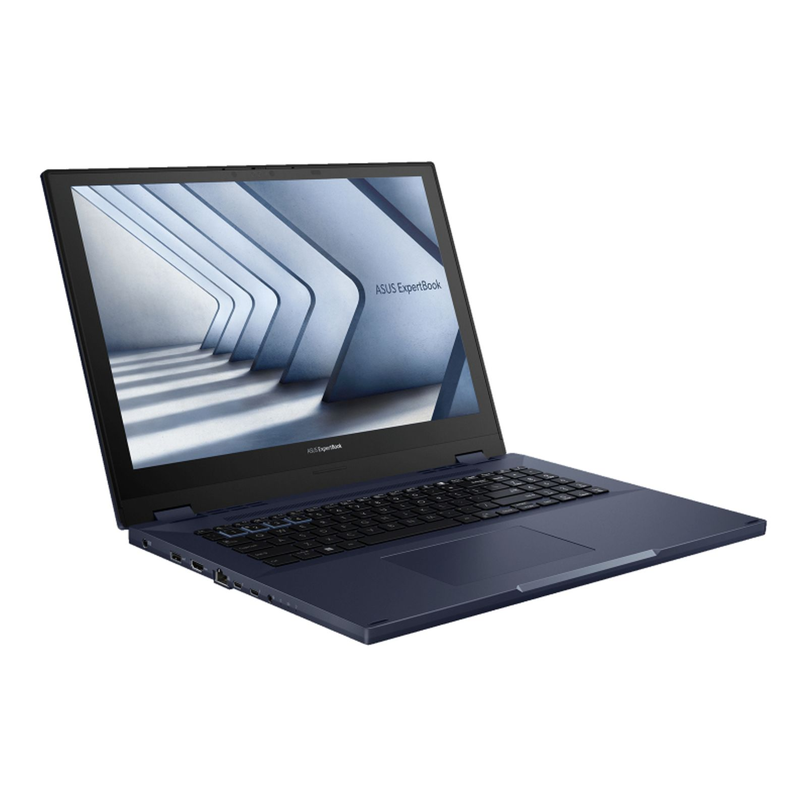Un laptop con una custodia blu scuro, angolato a destra. Lo schermo mostra del testo. Tastiera visibile.