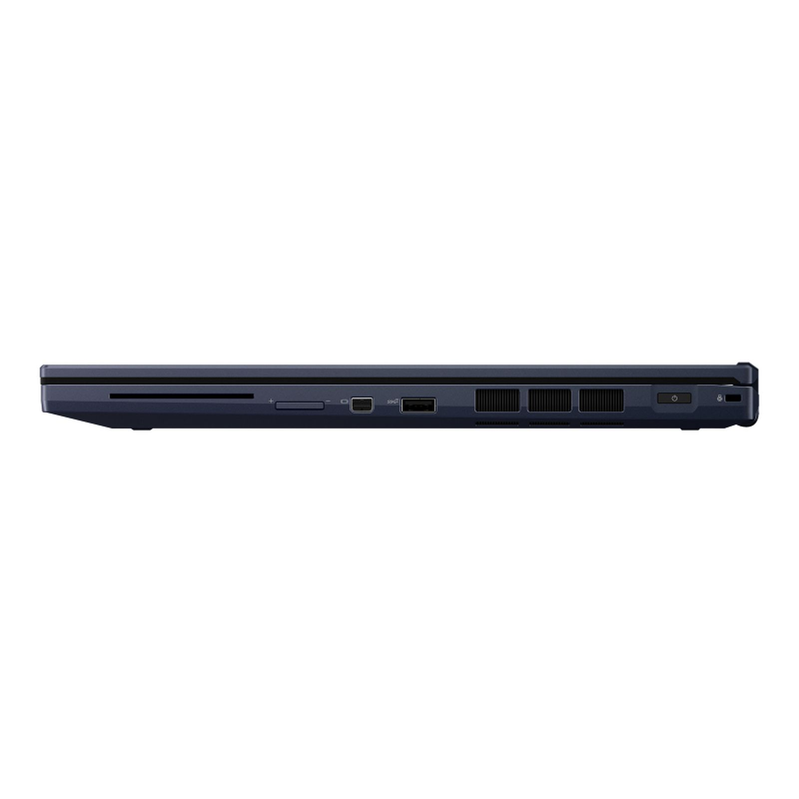 Un laptop di lato con porte visibili su sfondo bianco.