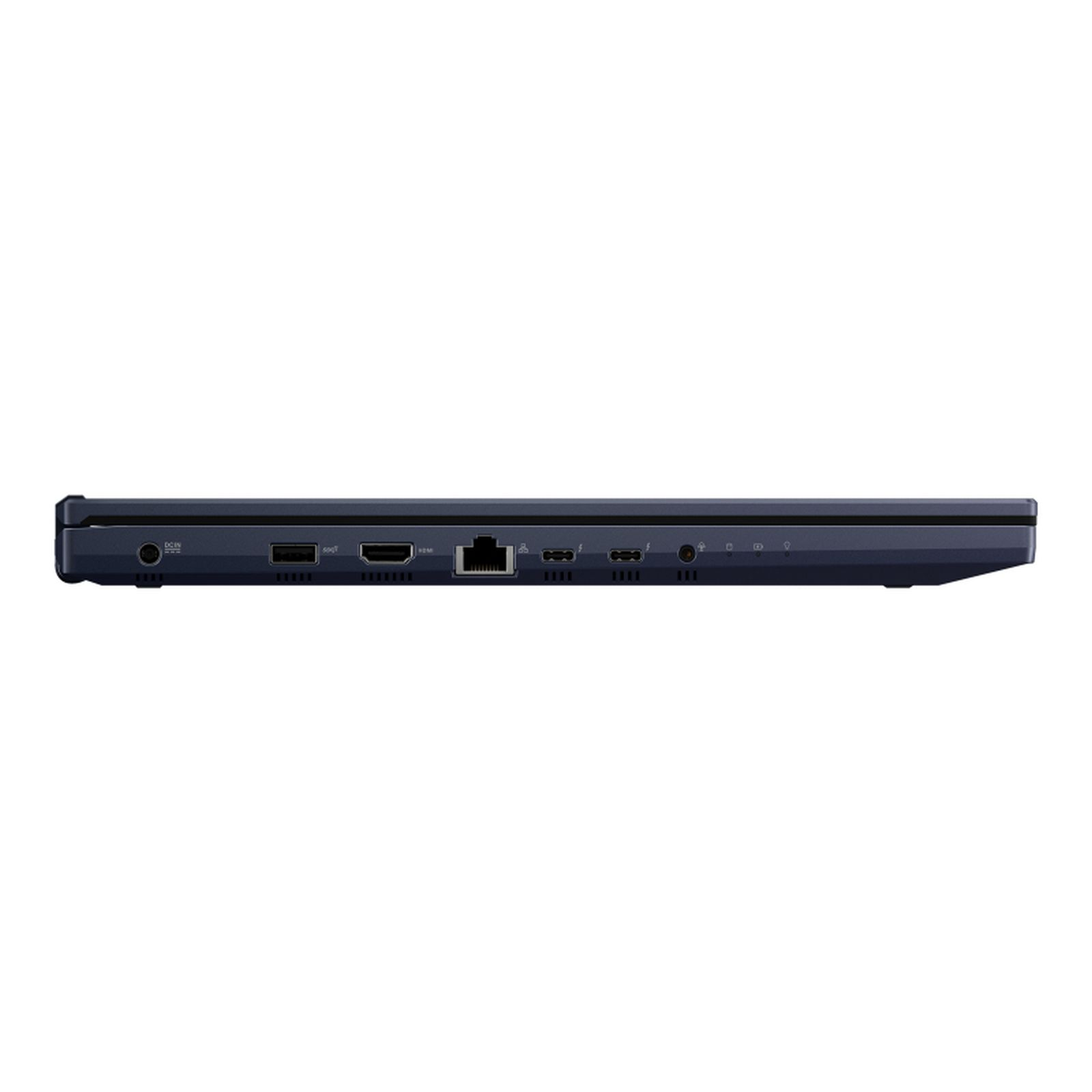 Porte del laptop: alimentazione, USB, HDMI, Ethernet e altro. Colore blu scuro.