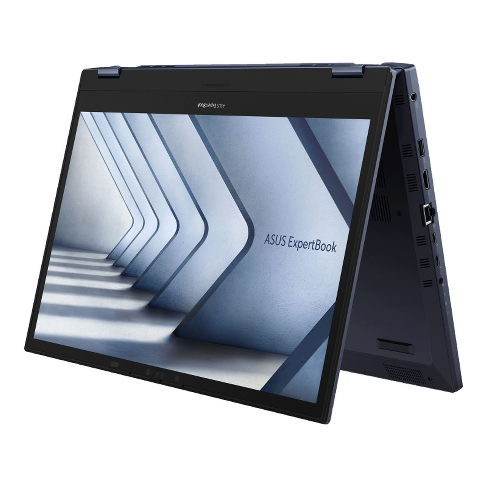 Laptop con schermo aperto, che mostra un design blu e bianco. Il laptop è blu scuro.