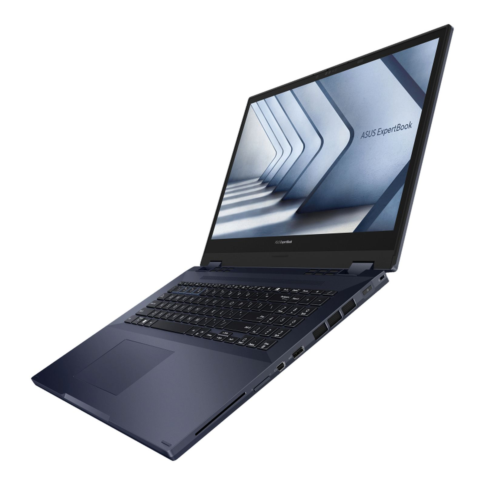 Laptop blu navy. Sfondo bianco. Etichetta ASUS ExpertBook. Vista angolata del laptop aperto.