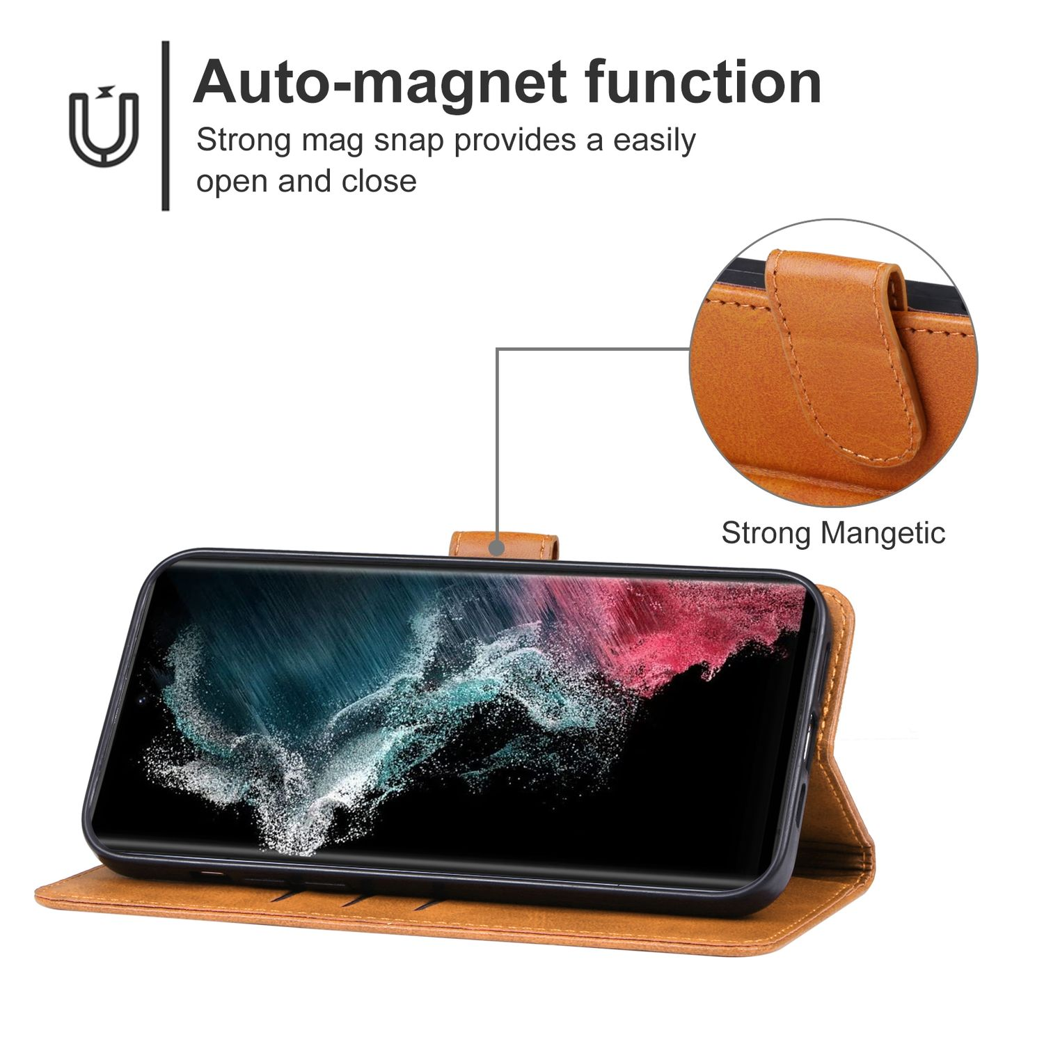 Telefon in einer braunen Brieftaschenhülle. Der Text lautet: Auto-Magnet-Funktion. Ein Magnet wird gezeigt.