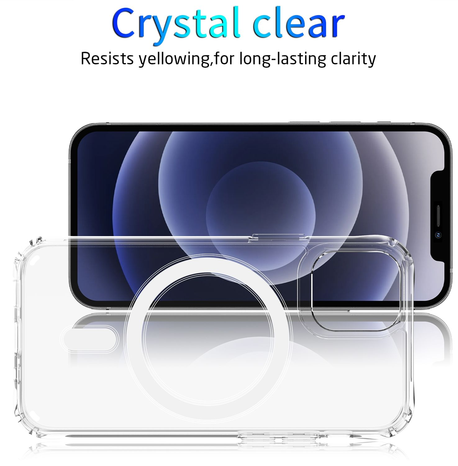 Ein Smartphone mit einer transparenten Hülle, das die Rückseite und die Hülle zeigt.