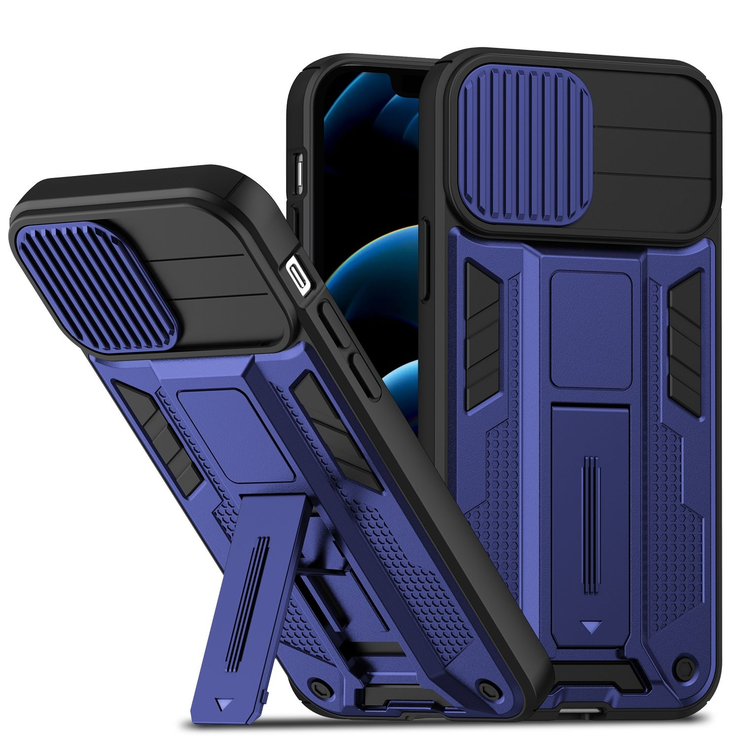 Blaue und schwarze Handyhülle mit Ständer. Telefon ist sichtbar. Produktaufnahme.