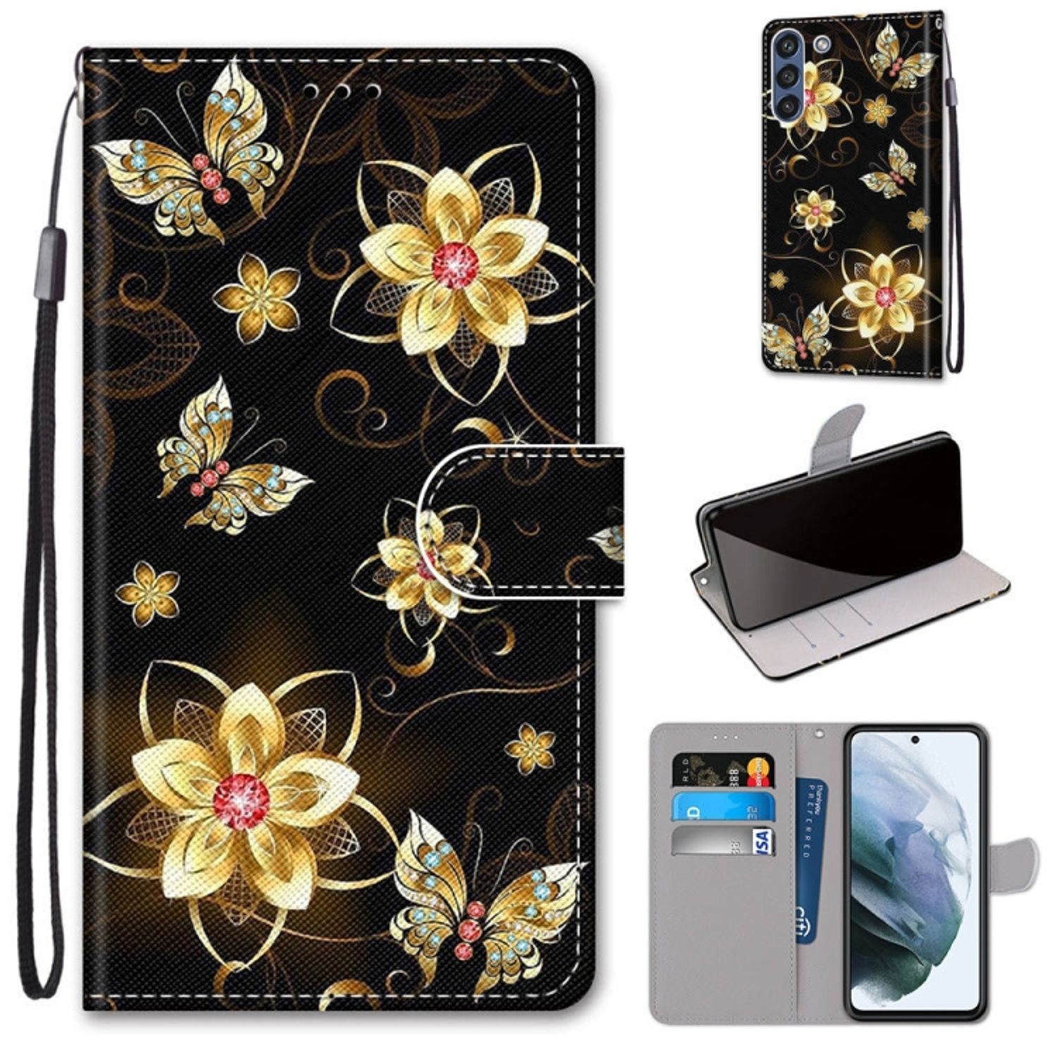 Case, Samsung, DESIGN S21 Book FE, Schmetterling KÖNIG Golddiamant Bookcover, Galaxy